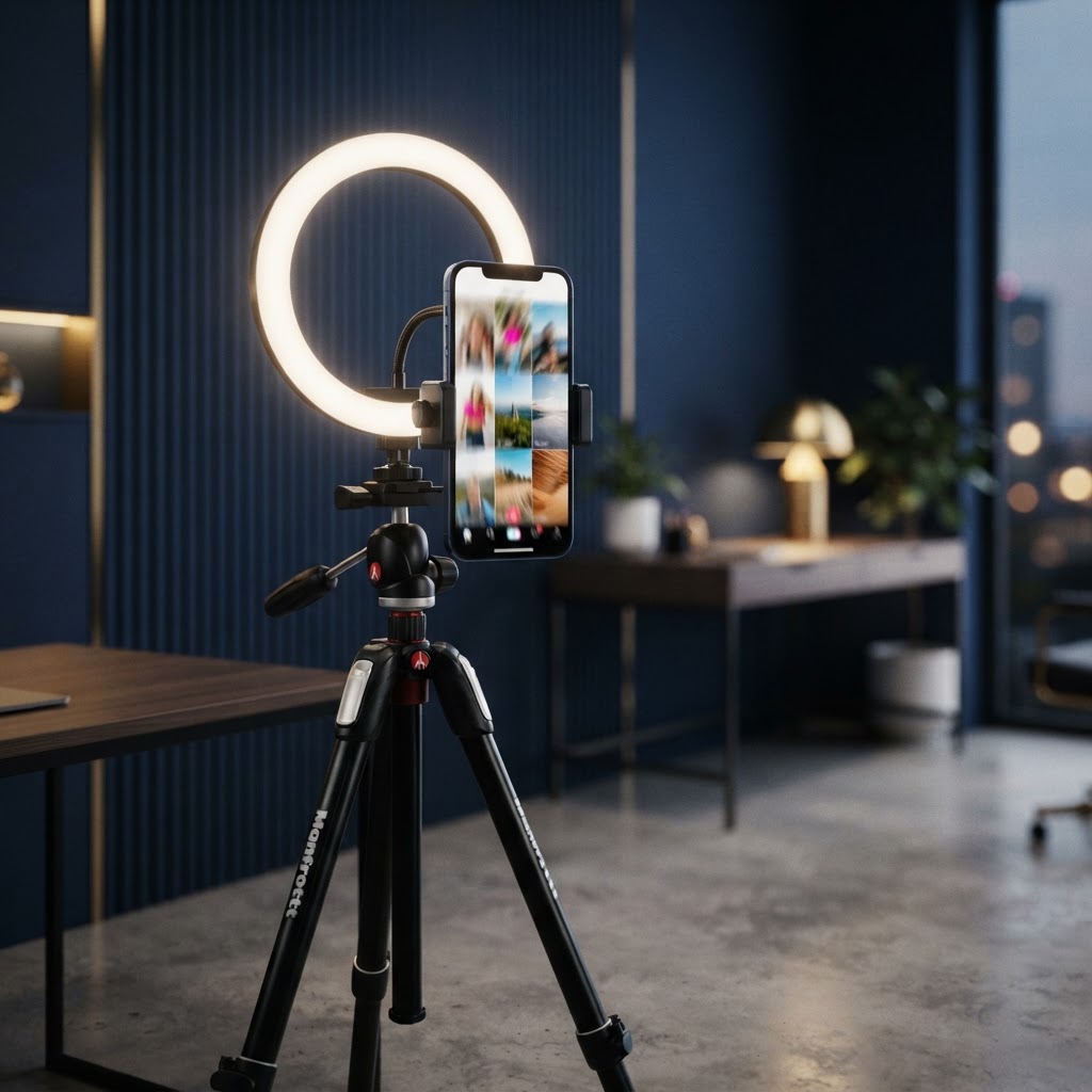 Celular em tripé com ring light em estúdio de produção de conteúdo
