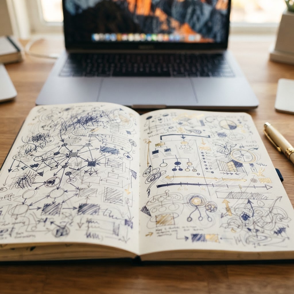 Caderno aberto com planejamento de conteúdo e teclado de notebook ao fundo