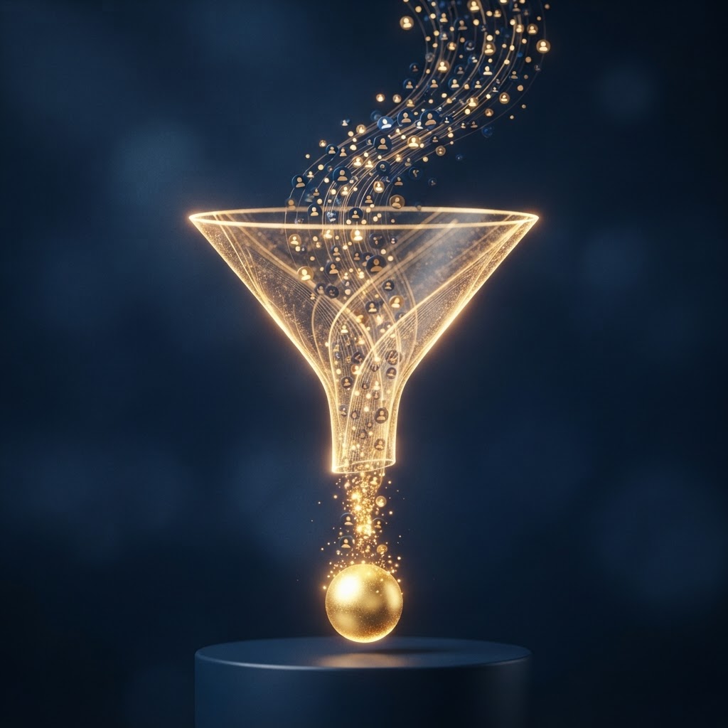 Funil de luz recebendo ícones de contatos e liberando clientes