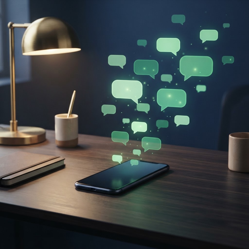 Bolhas de conversa saindo de um celular sobre mesa de trabalho