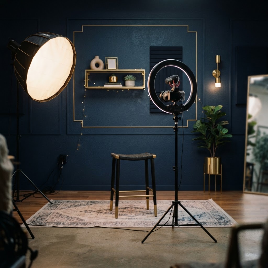Estúdio de criação de conteúdo com ring light, câmera e softbox