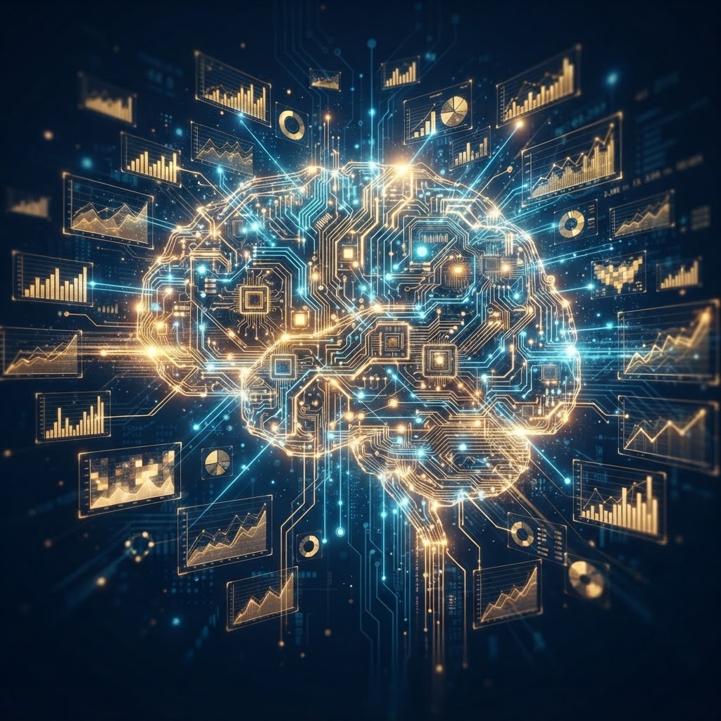 Representação visual de inteligência artificial integrada a um painel de marketing