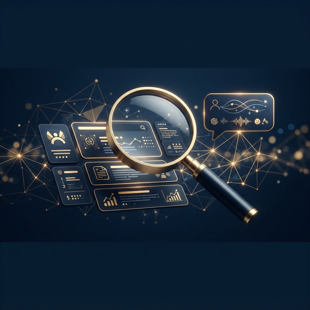 Lupa sobre cartões de resultados de busca com conexões brilhantes