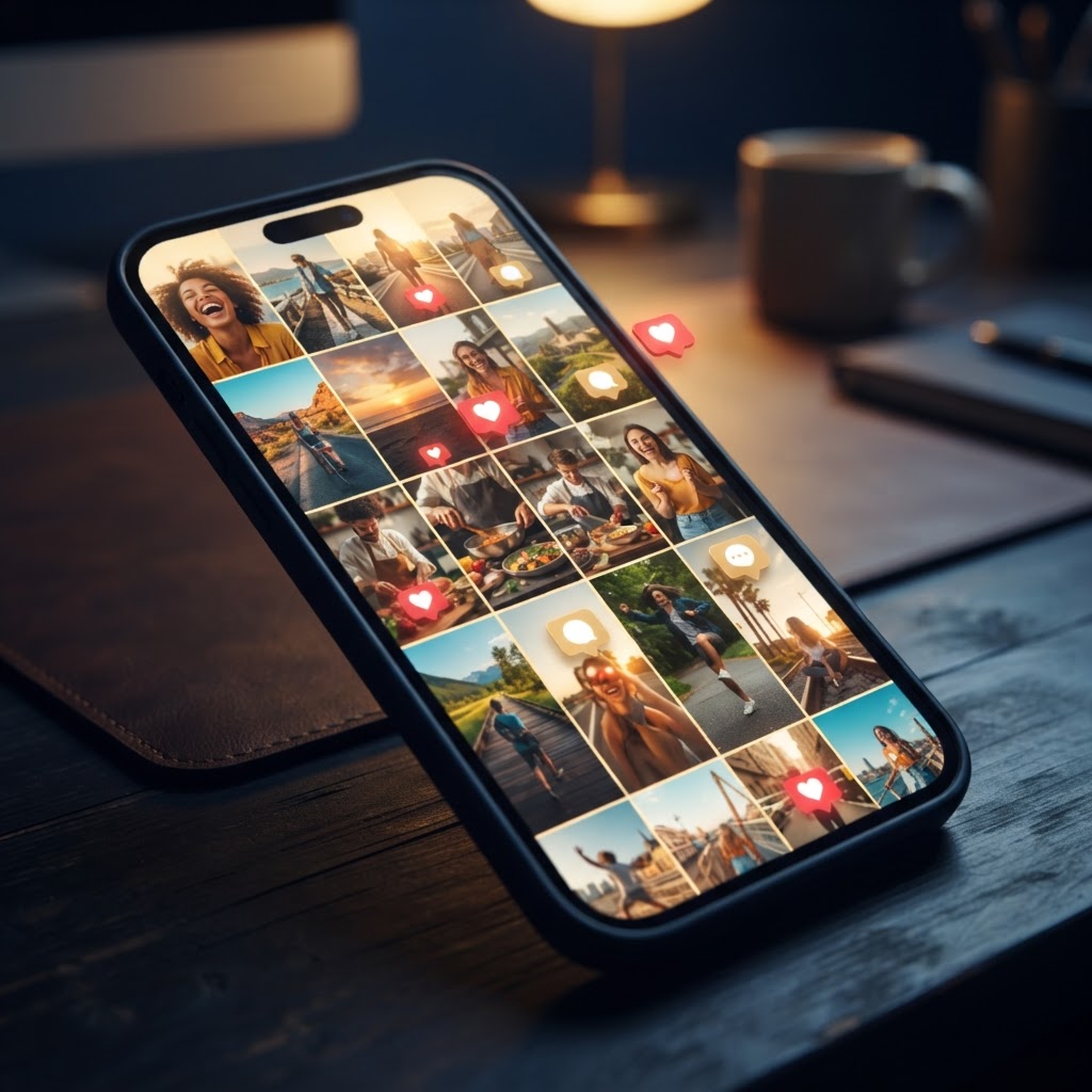 Tela de celular com grade de vídeos curtos e ícones de engajamento