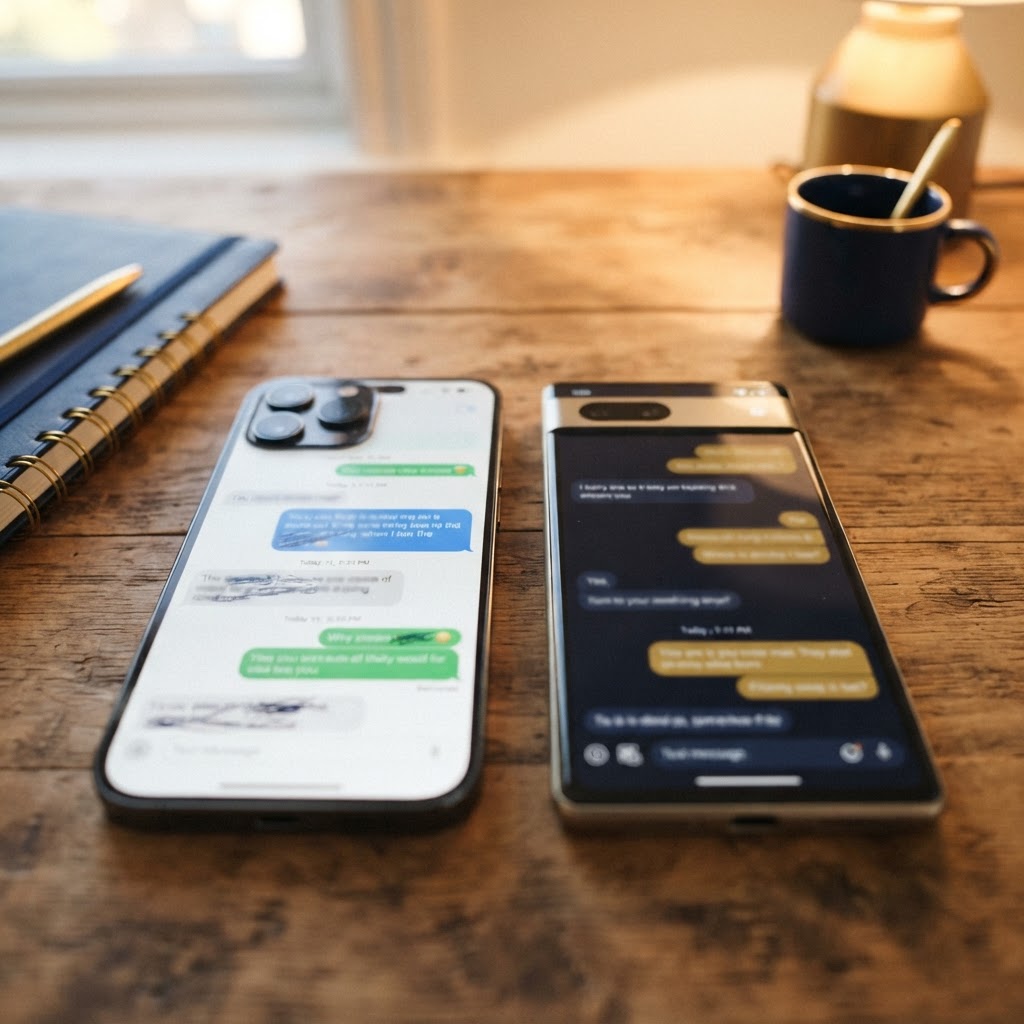 Dois celulares sobre mesa mostrando conversas de atendimento