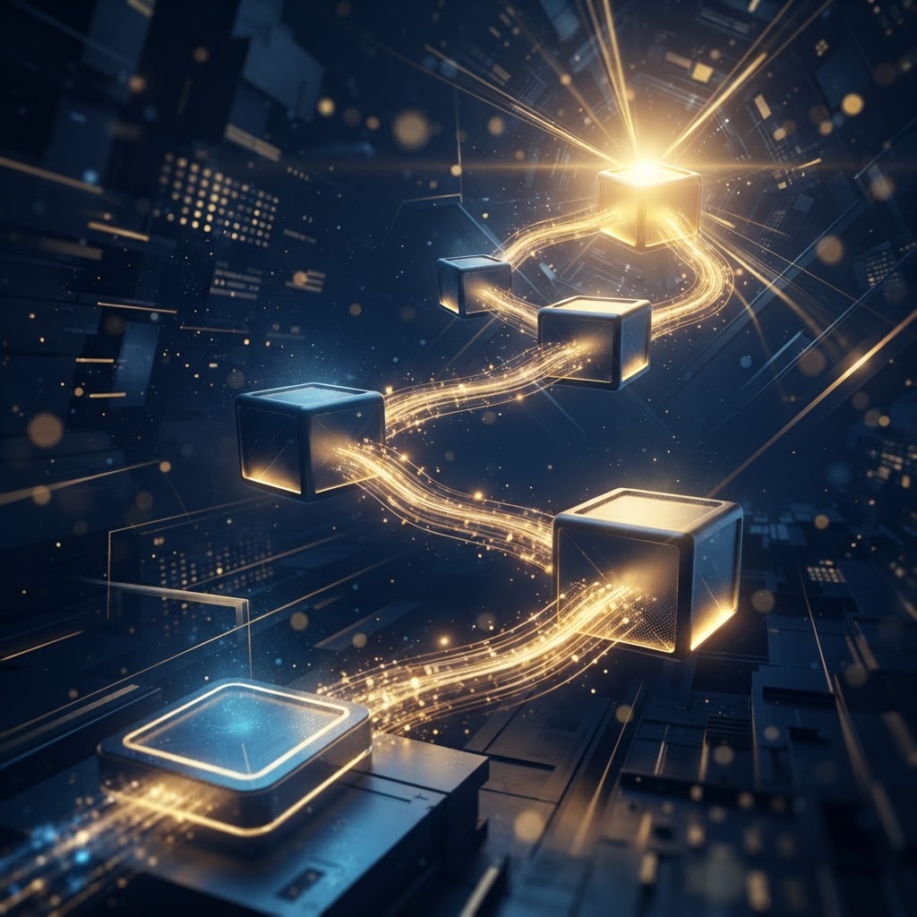 Pipeline com etapas conectadas por linhas luminosas