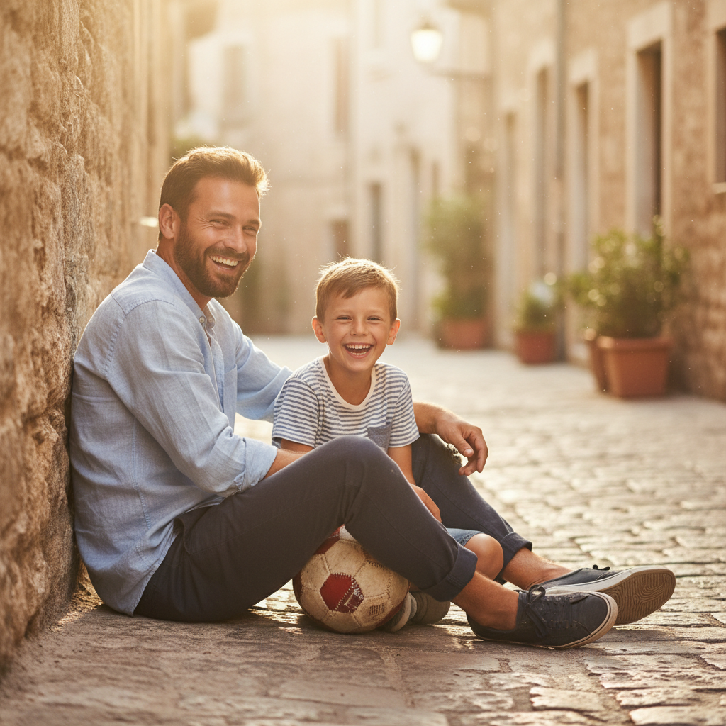 Father and son laughing together outdoors