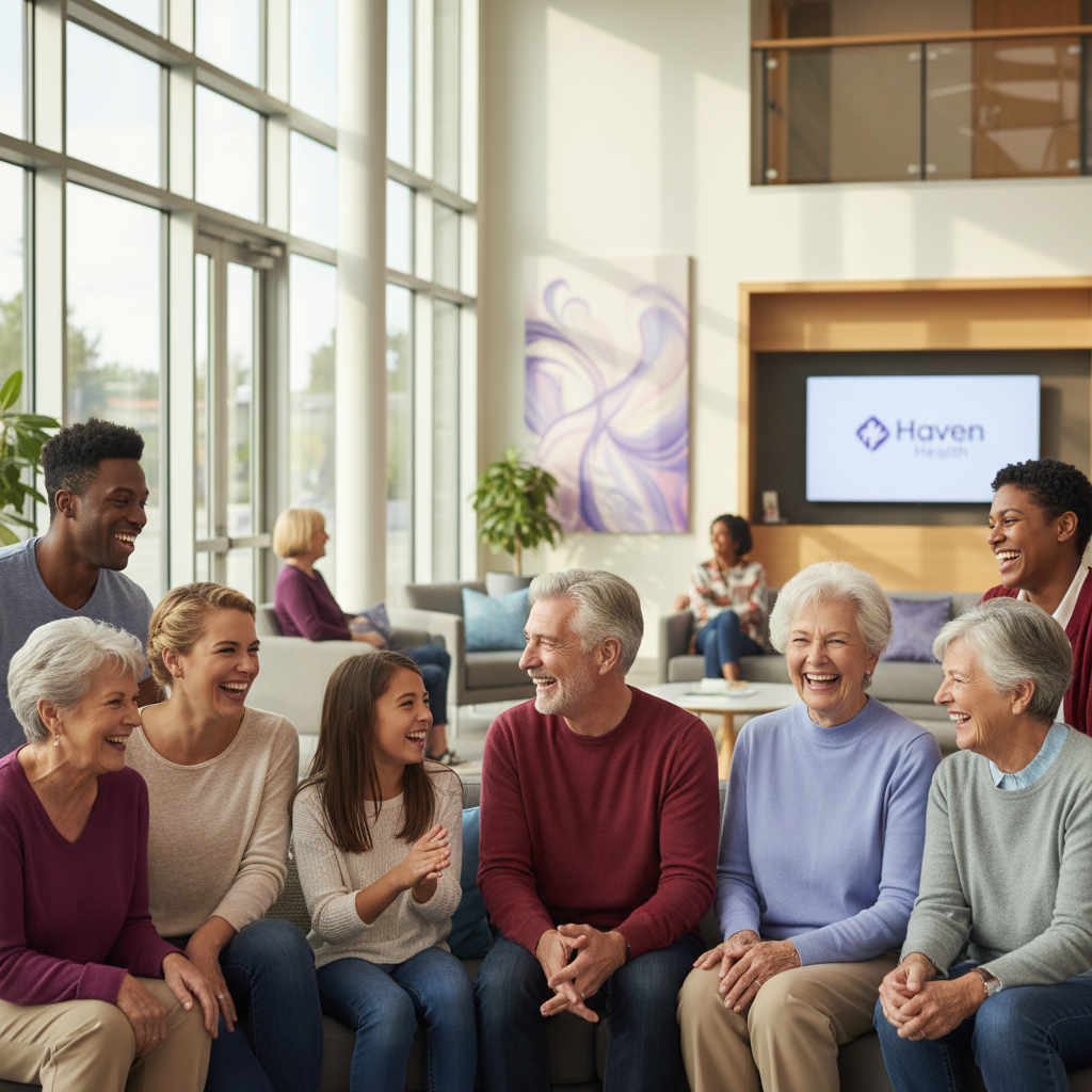 Group of clients of varying ages smiling together at a Haven facility