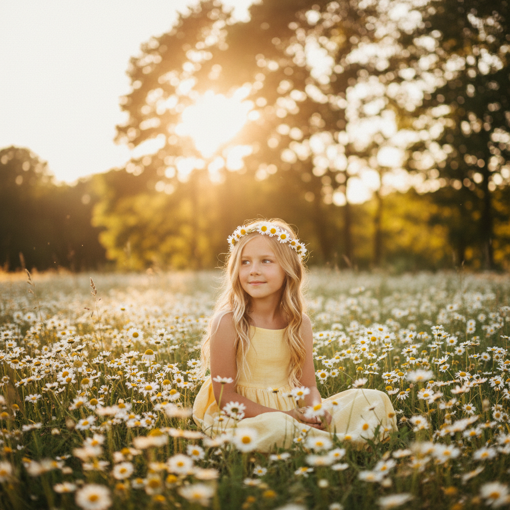 Girl wearing a daisy crown standing in a flower field