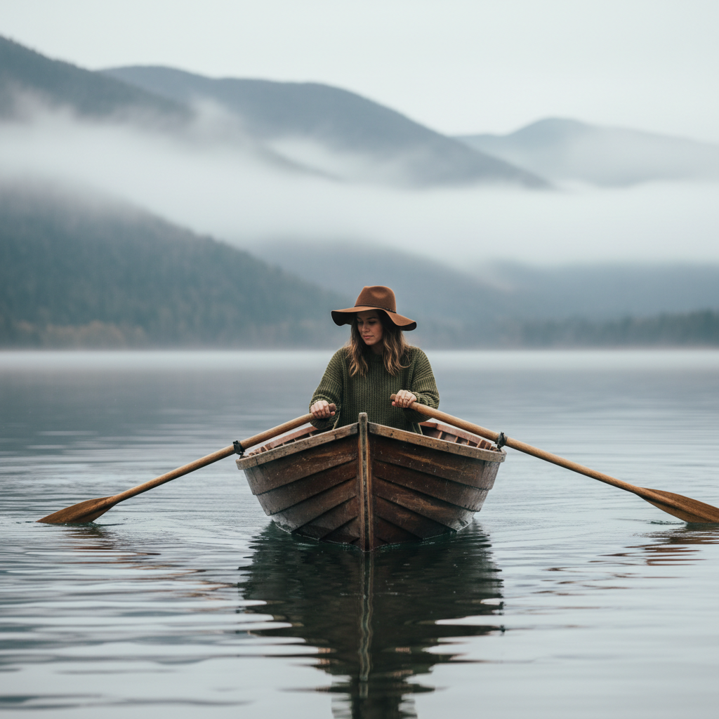 Woman rowing a small wooden boat on a calm misty lake