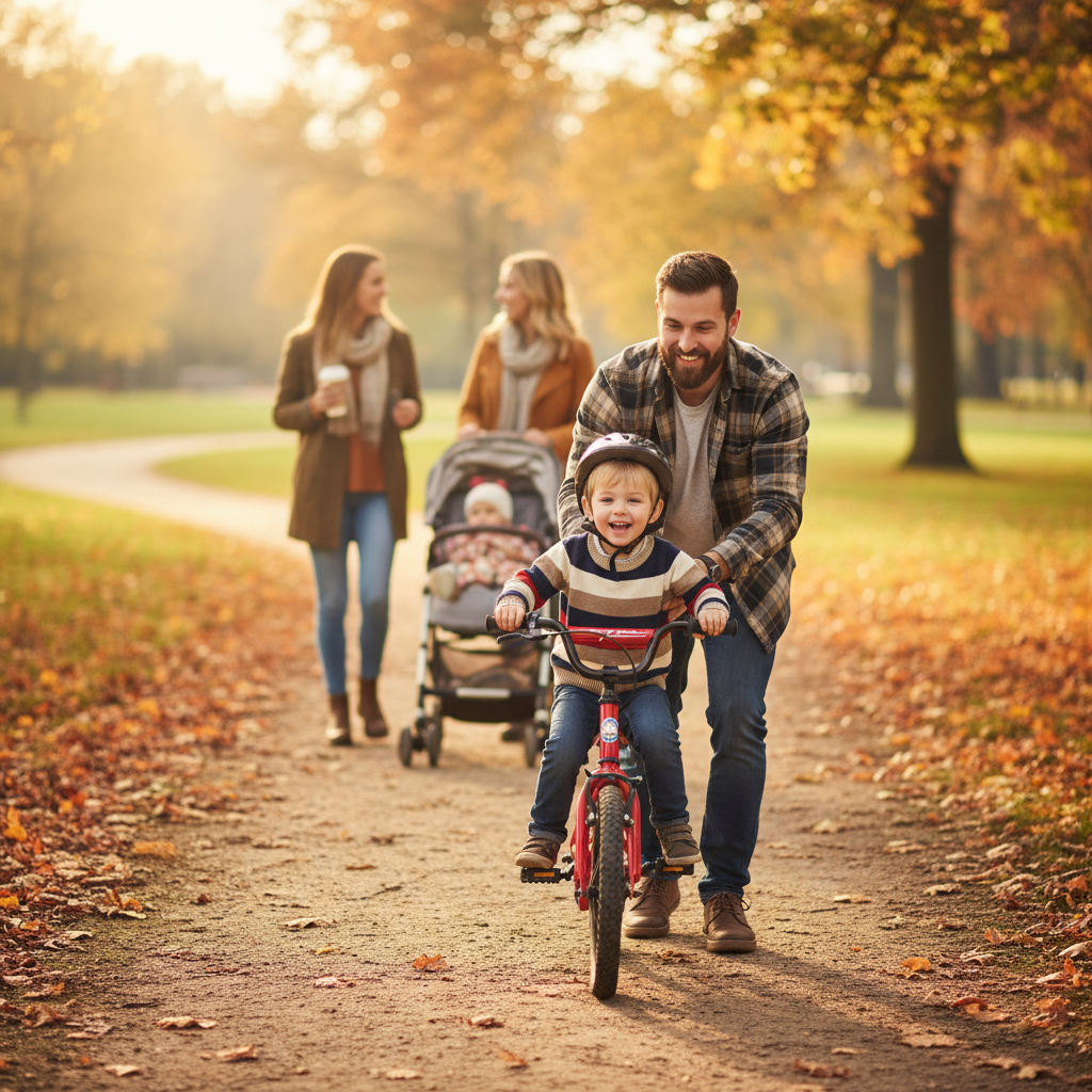 Father helping his son ride a bicycle in a park during autumn
