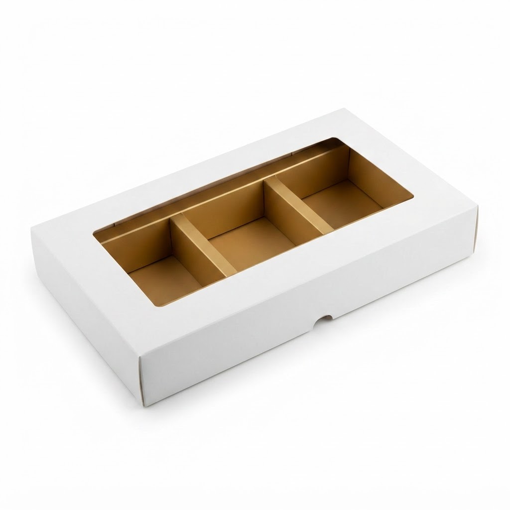 Choclate Box 3 Comp W/Cut Wind White Inside Golden