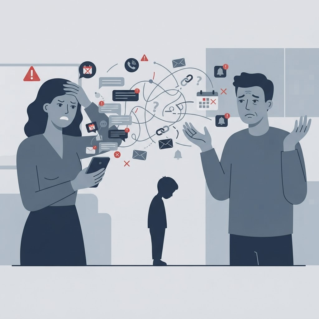 Two stressed co-parents separated by chaotic notifications while a child looks down