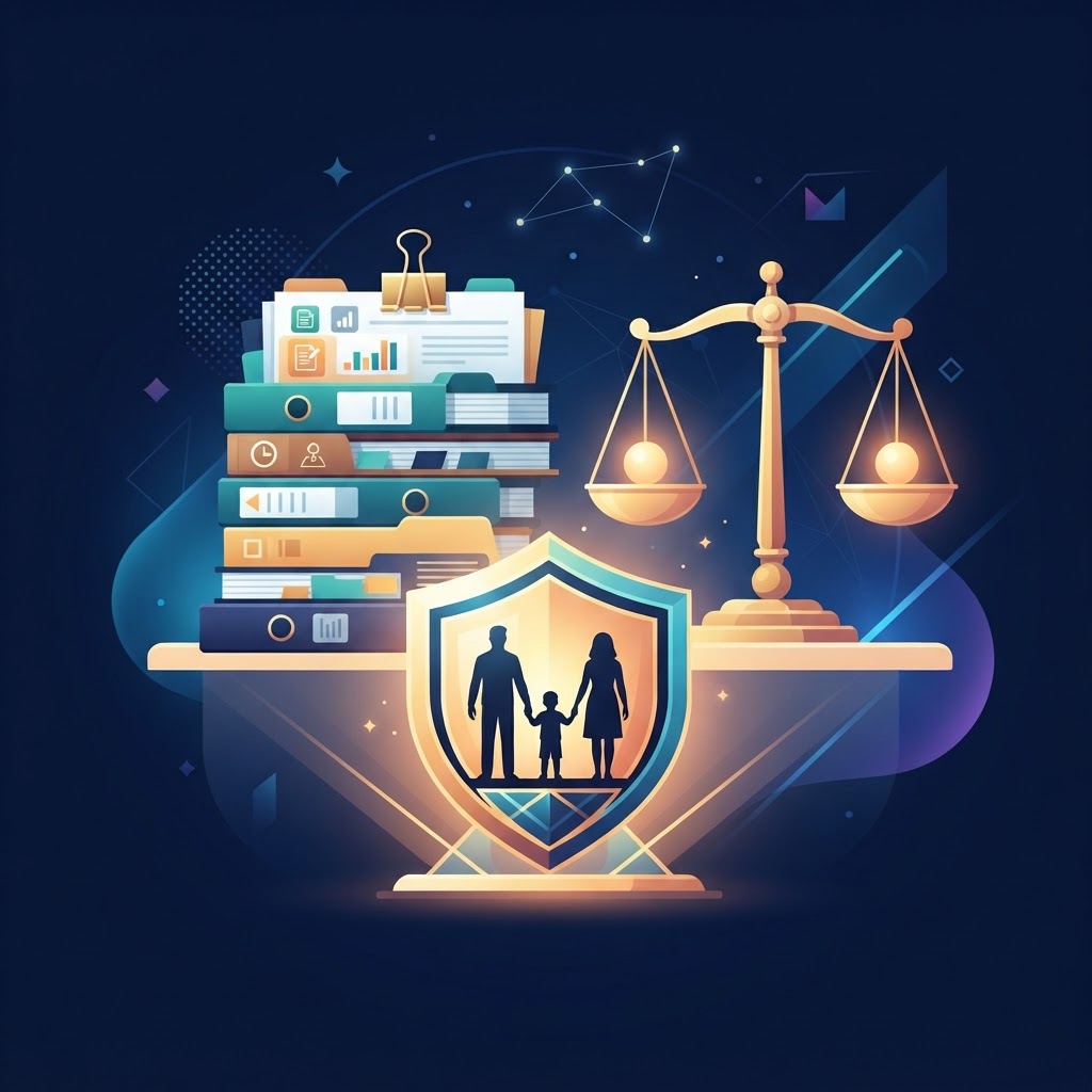 Organized family records beside a balanced scale of justice under a protective shield