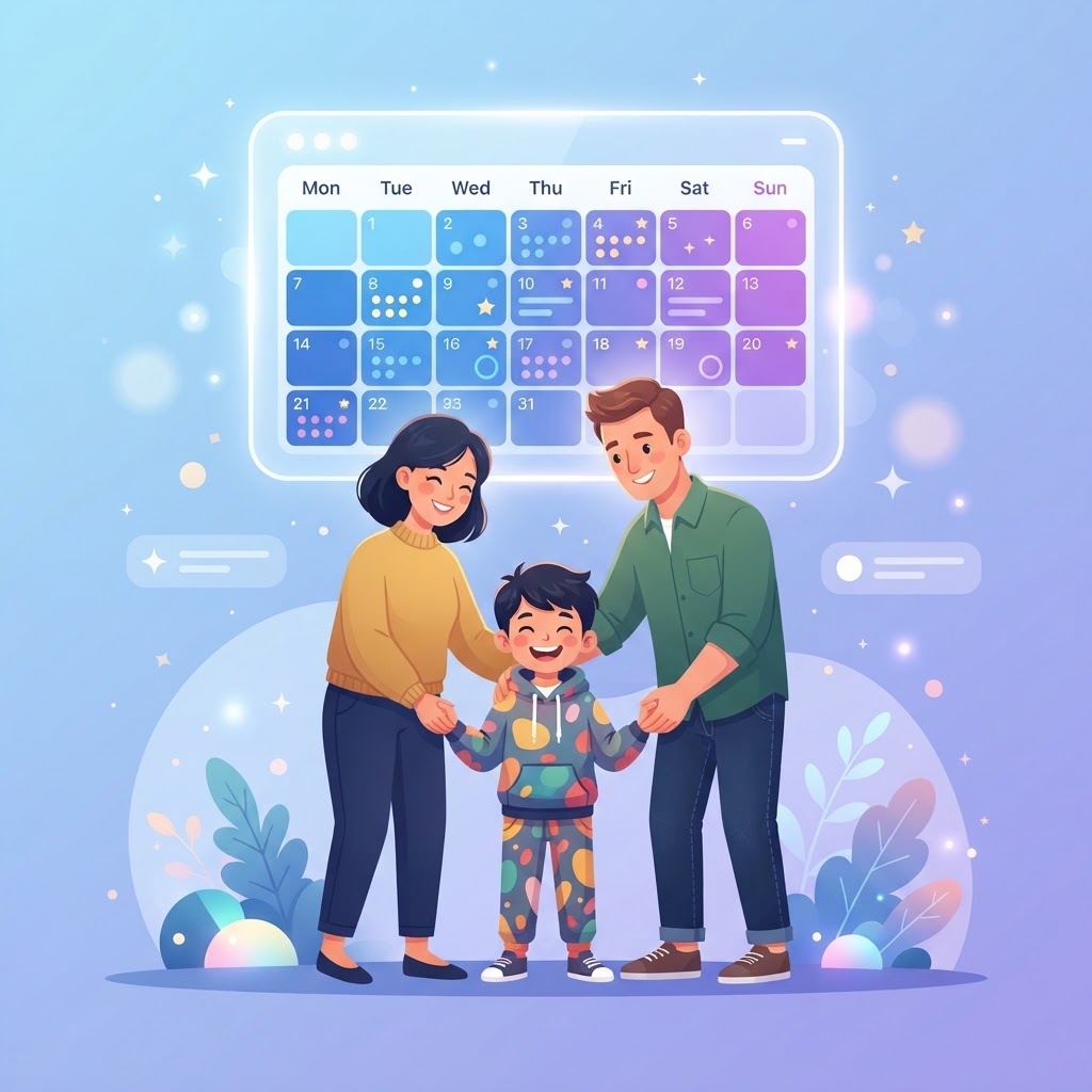A happy child between two co-parents beneath a shared family calendar