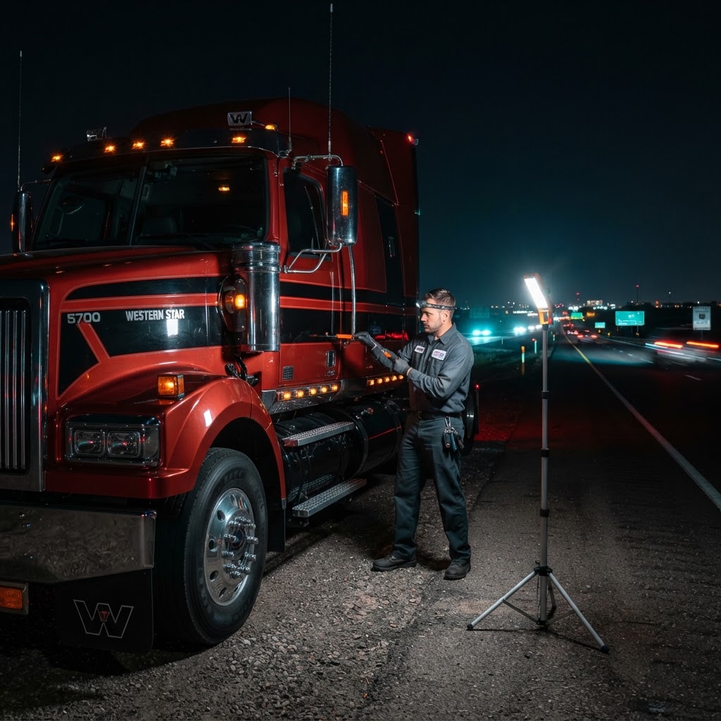 Western Star tractor trailer emergency lockout service — licensed locksmith unlocking cab door of a Western Star semi-truck on the roadside with professional lockout tools, New Haven County, CT. CT Locksmith Service LLC, licensed CT # LCK.0000220, 24/7 mobile service.