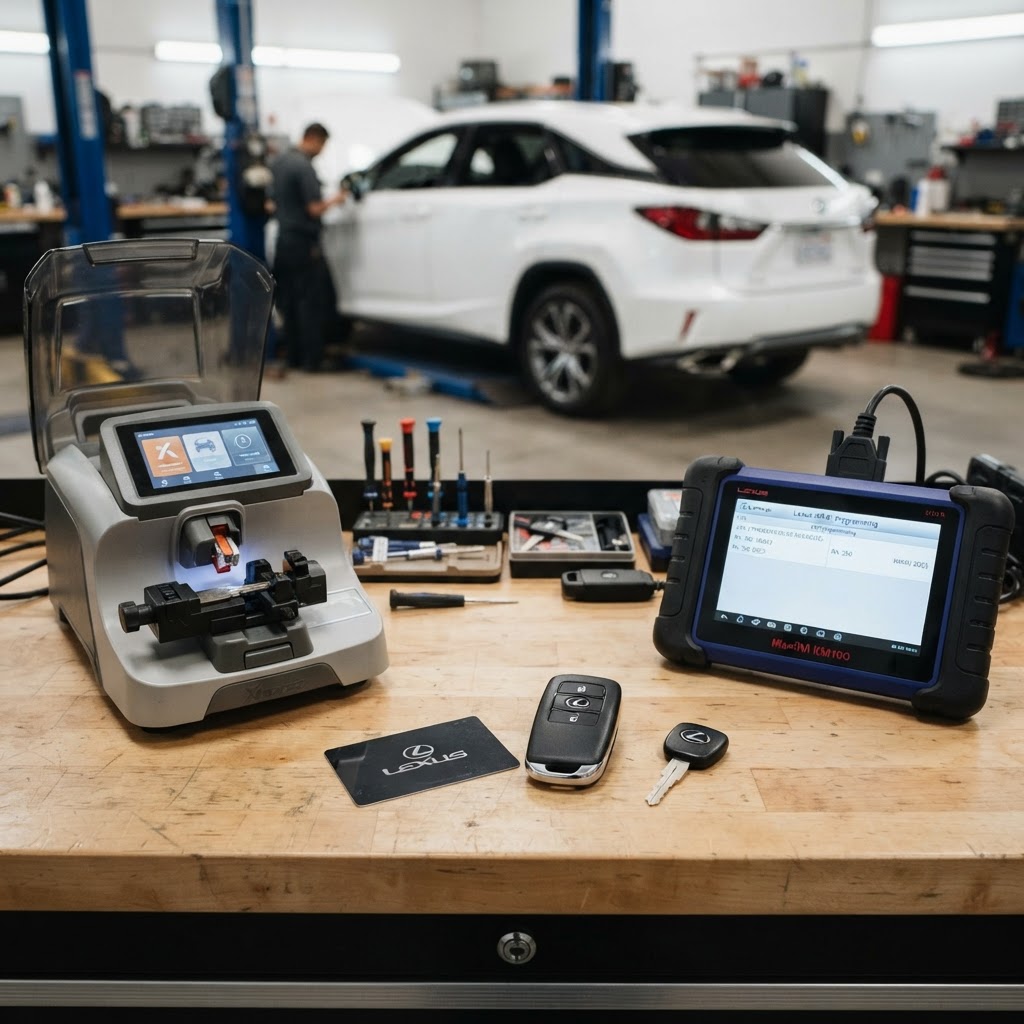 Lexus car key replacement workbench with Lexus key fob, transponder key, electronic key cutting machine, and automotive key programming diagnostic device — Lexus vehicle in background. CT Locksmith Service LLC, New Haven County, CT, licensed CT # LCK.0000220