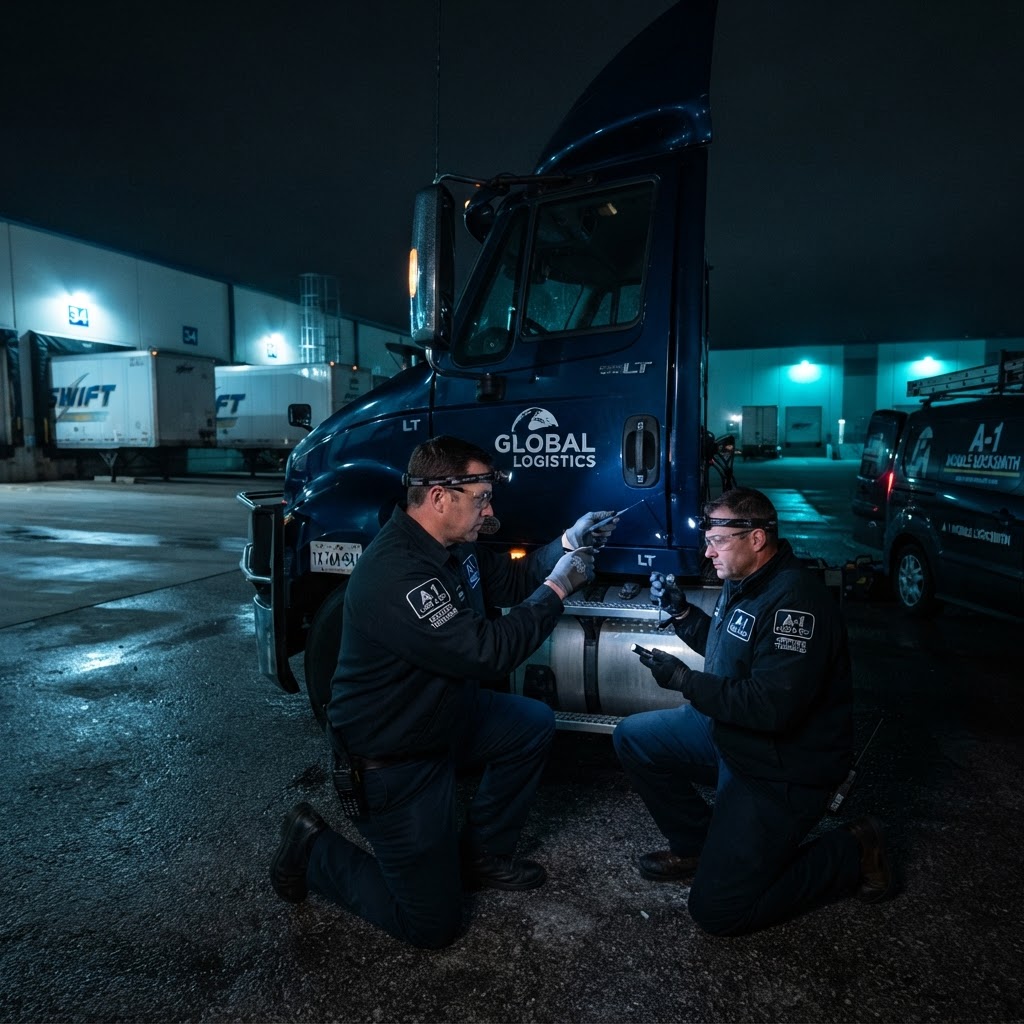 International tractor trailer emergency lockout service — licensed locksmith unlocking cab door of a International semi-truck on the roadside with professional lockout tools, New Haven County, CT. CT Locksmith Service LLC, licensed CT # LCK.0000220, 24/7 mobile service.