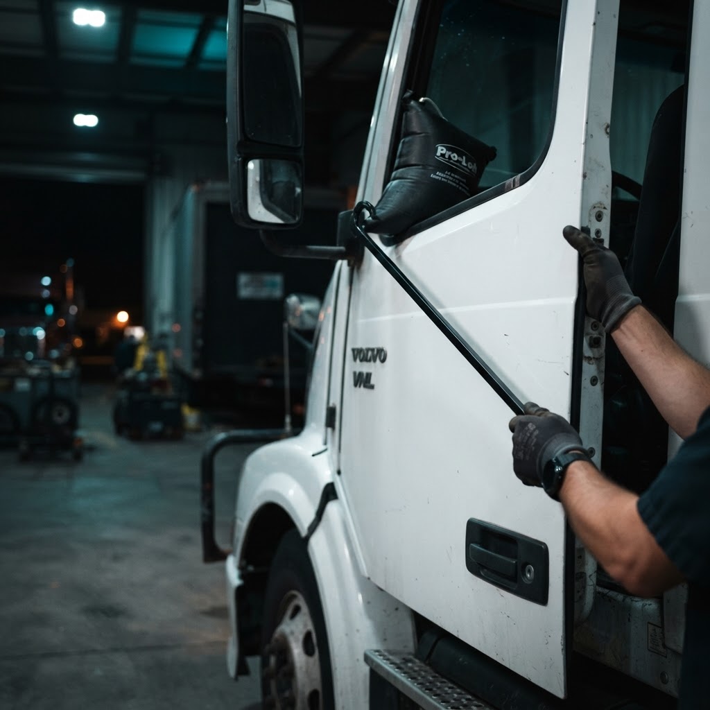 Professional Volvo Trucks tractor trailer emergency lockout — licensed locksmith using professional lockout tools to unlock the cab door of a Volvo Trucks semi-truck on the roadside in New Haven County, CT. CT Locksmith Service LLC, licensed CT # LCK.0000220, 24/7 mobile roadside service.