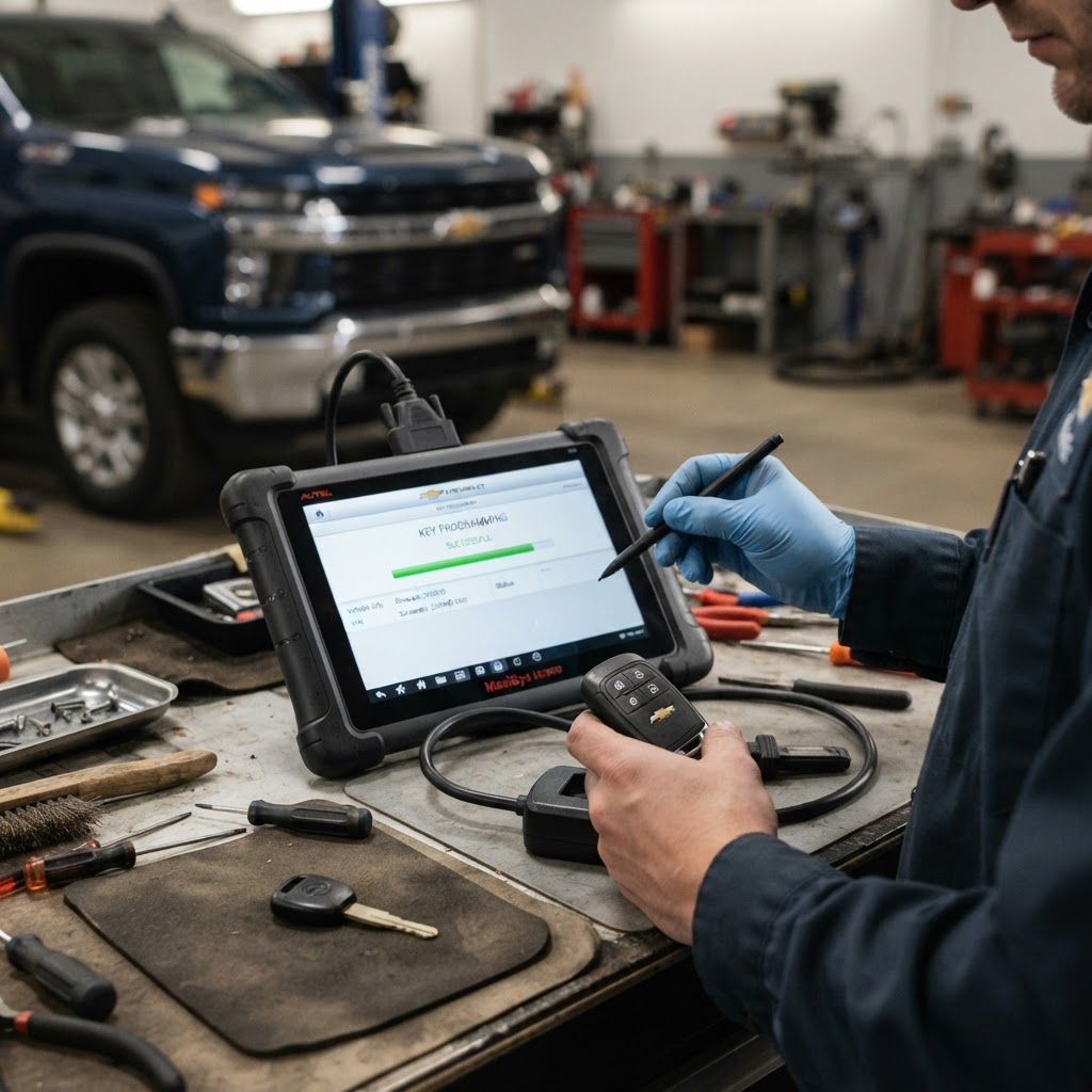 Professional Chevy key programming diagnostic device programming a transponder key and smart key fob on-site — CT Locksmith Service LLC mobile locksmith, New Haven County, CT, licensed CT # LCK.0000220