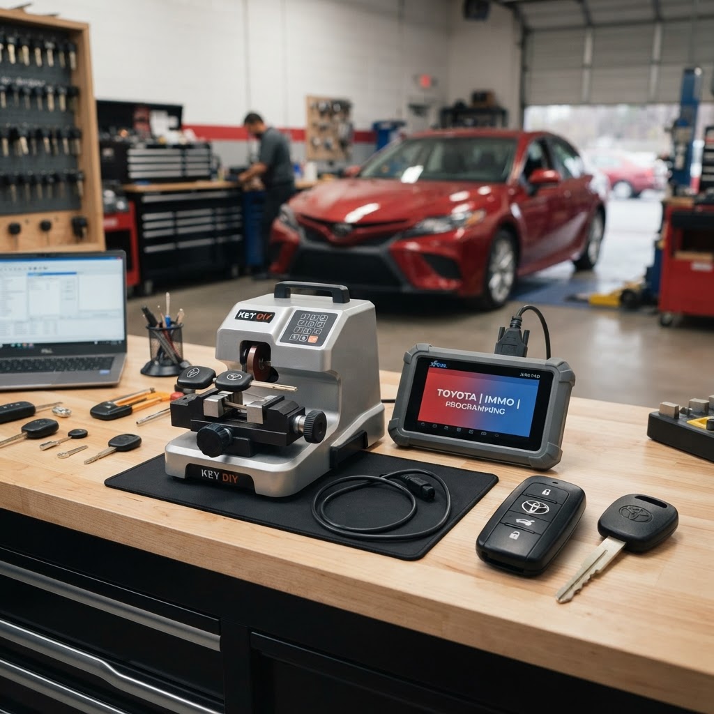 Toyota car key replacement workbench with Toyota key fob, transponder key, electronic key cutting machine, and automotive key programming diagnostic device — Toyota vehicle in background. CT Locksmith Service LLC, New Haven County, CT, licensed CT # LCK.0000220