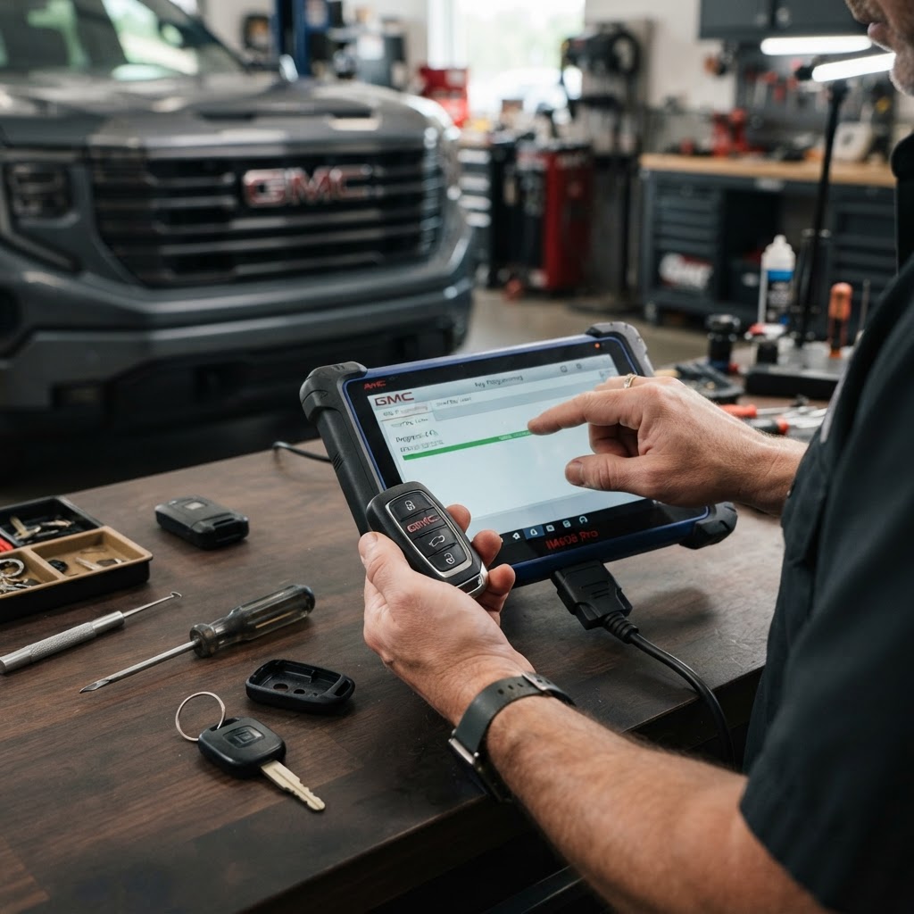 Professional GMC key programming diagnostic device programming a transponder key and smart key fob on-site — CT Locksmith Service LLC mobile locksmith, New Haven County, CT, licensed CT # LCK.0000220