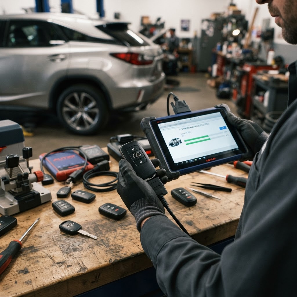 Professional Lexus key programming diagnostic device programming a transponder key and smart key fob on-site — CT Locksmith Service LLC mobile locksmith, New Haven County, CT, licensed CT # LCK.0000220