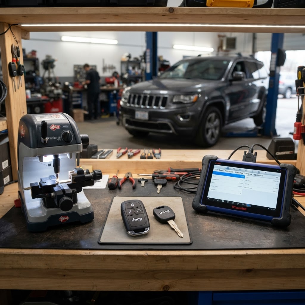 Jeep car key replacement workbench with Jeep key fob, transponder key, electronic key cutting machine, and automotive key programming diagnostic device — Jeep vehicle in background. CT Locksmith Service LLC, New Haven County, CT, licensed CT # LCK.0000220