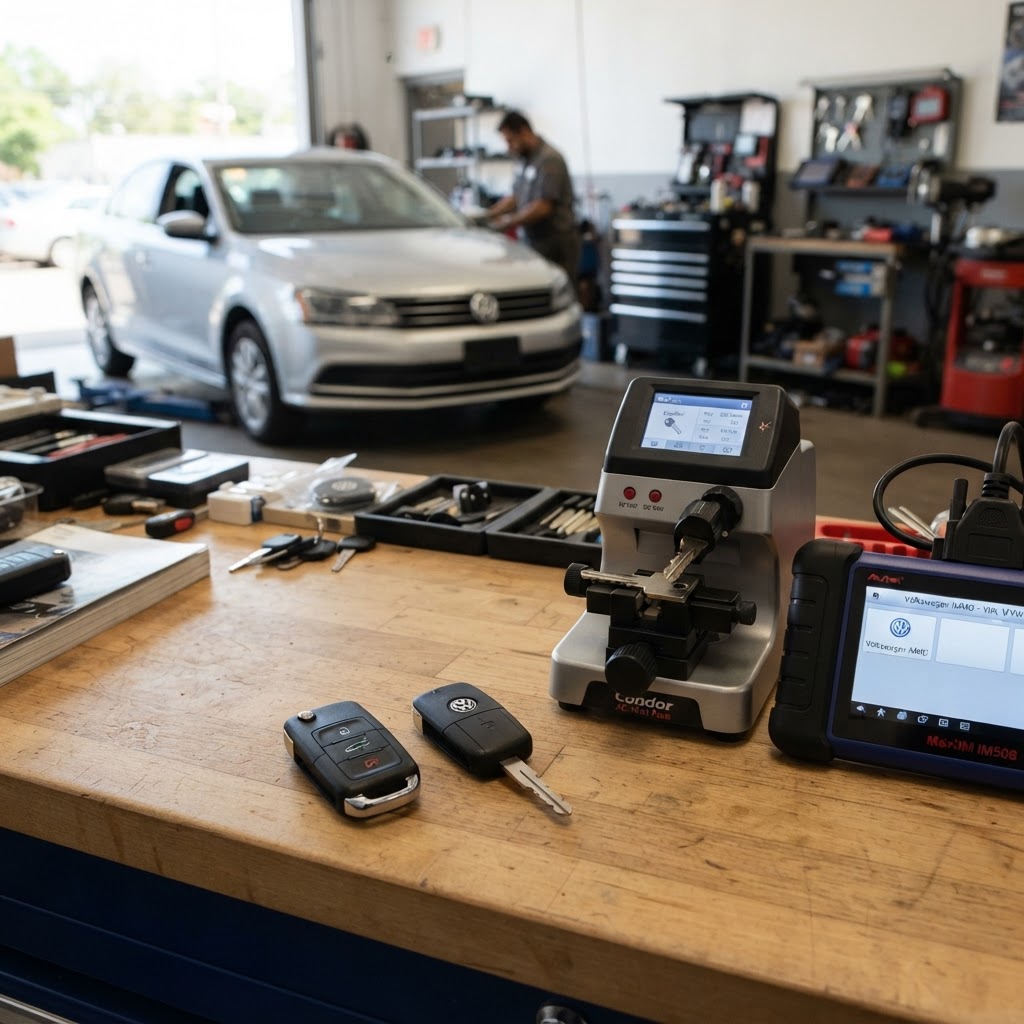 Volkswagen Car Key Replacement — Key Fob, Transponder Key, Key Cutting Machine & Programmer | CT Locksmith Service LLC, New Haven County CT Volkswagen car key replacement workbench with Volkswagen key fob, transponder key, electronic key cutting machine, and automotive key programming diagnostic device — Volkswagen vehicle in background. CT Locksmith Service LLC, New Haven County, CT, licensed CT # LCK.0000220