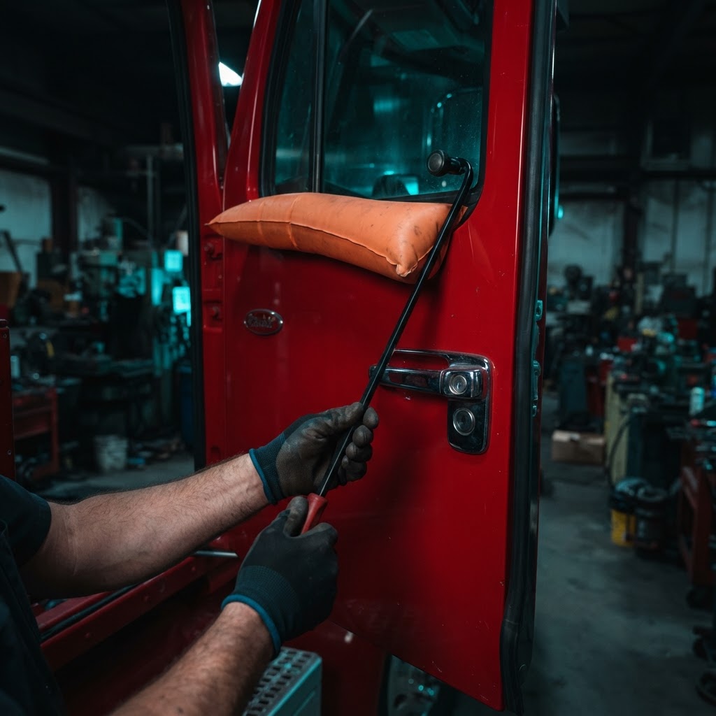 Professional Peterbilt tractor trailer emergency lockout — licensed locksmith using professional lockout tools to unlock the cab door of a Peterbilt semi-truck on the roadside in New Haven County, CT. CT Locksmith Service LLC, licensed CT # LCK.0000220, 24/7 mobile roadside service.
