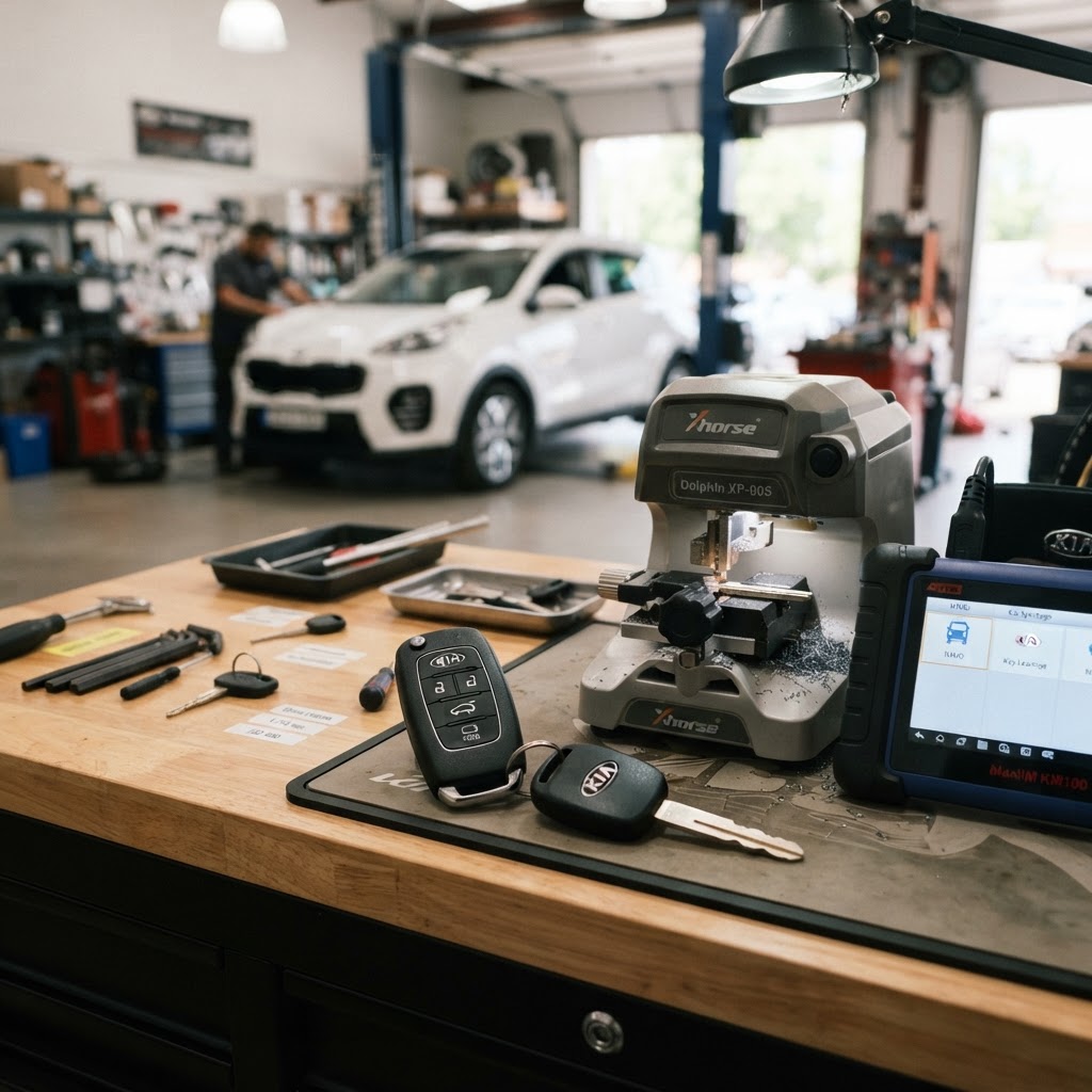 Kia car key replacement workbench with Kia key fob, transponder key, electronic key cutting machine, and automotive key programming diagnostic device — Kia vehicle in background. CT Locksmith Service LLC, New Haven County, CT, licensed CT # LCK.0000220