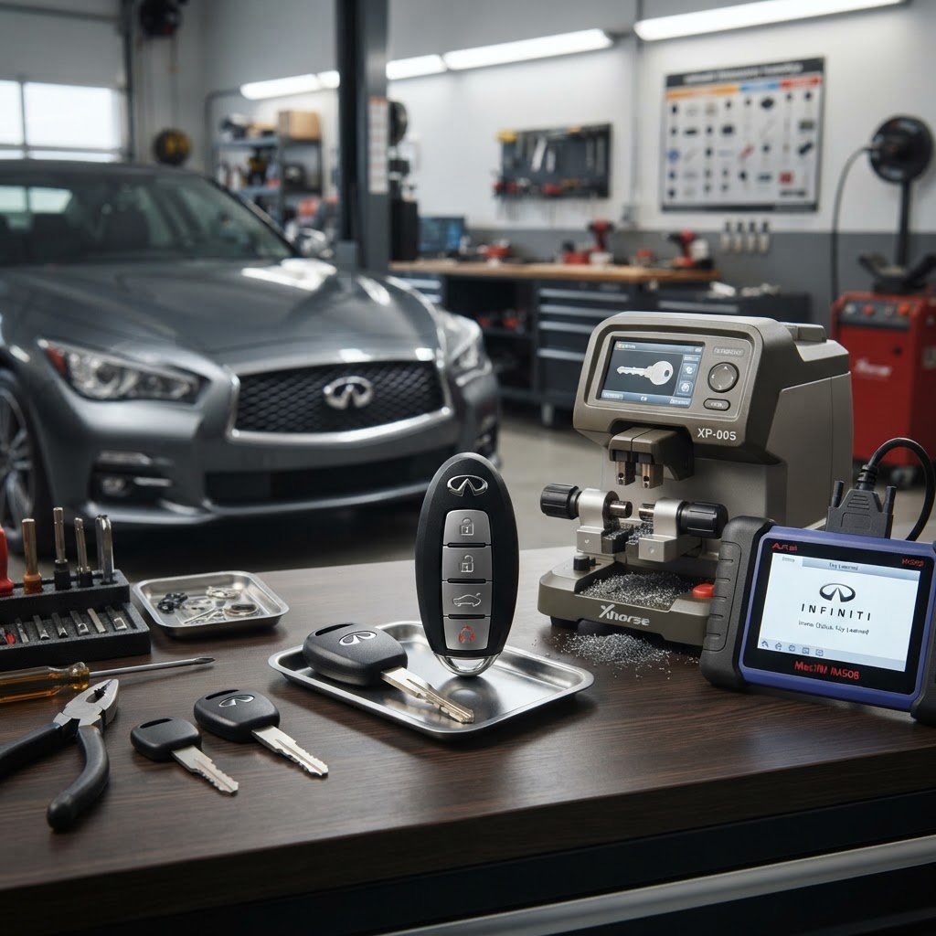 Infiniti Car Key Replacement — Key Fob, Transponder Key, Key Cutting Machine & Programmer | CT Locksmith Service LLC, New Haven County CT Infiniti car key replacement workbench with Infiniti key fob, transponder key, electronic key cutting machine, and automotive key programming diagnostic device — Infiniti vehicle in background. CT Locksmith Service LLC, New Haven County, CT, licensed CT # LCK.0000220