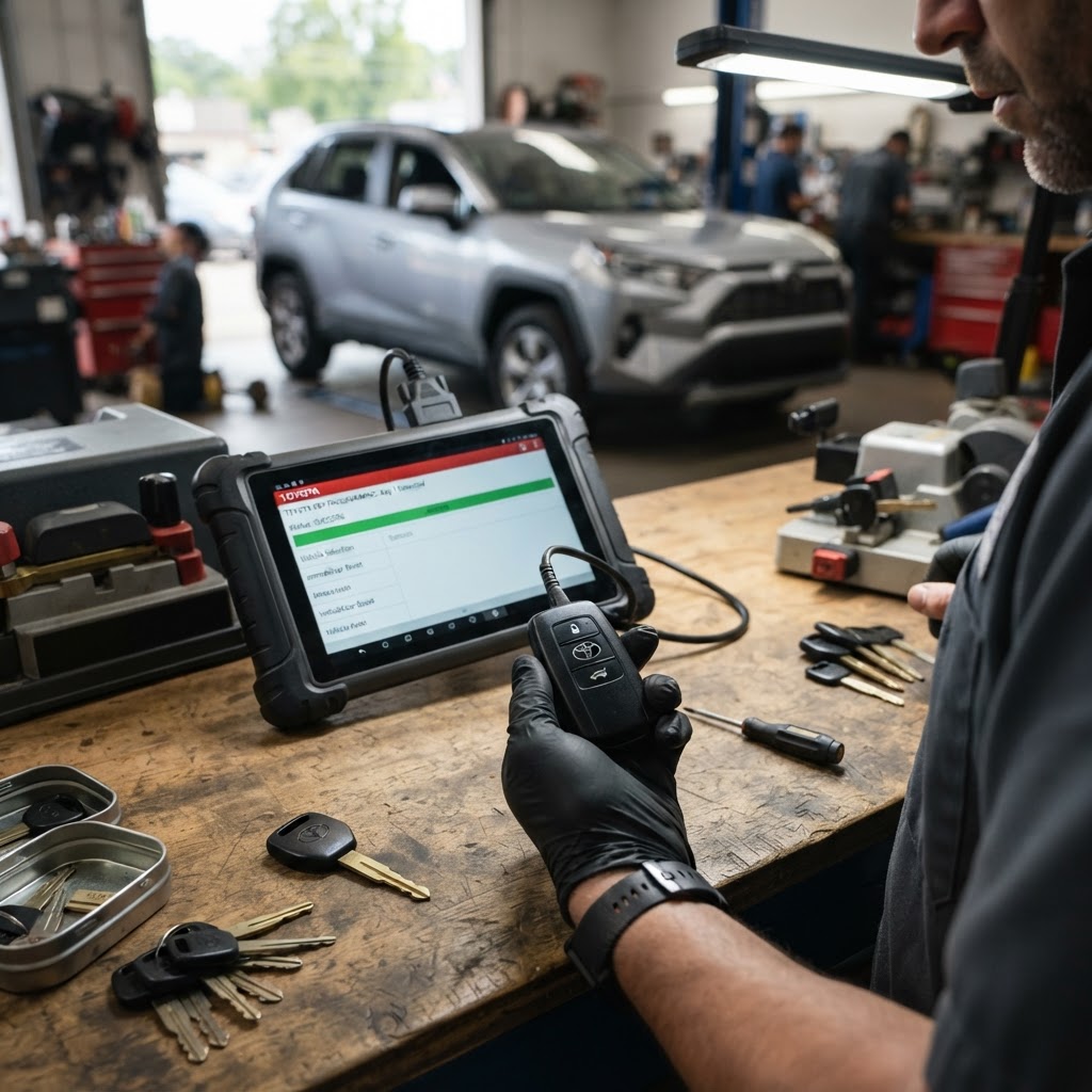 Professional Toyota key programming diagnostic device programming a transponder key and smart key fob on-site — CT Locksmith Service LLC mobile locksmith, New Haven County, CT, licensed CT # LCK.0000220