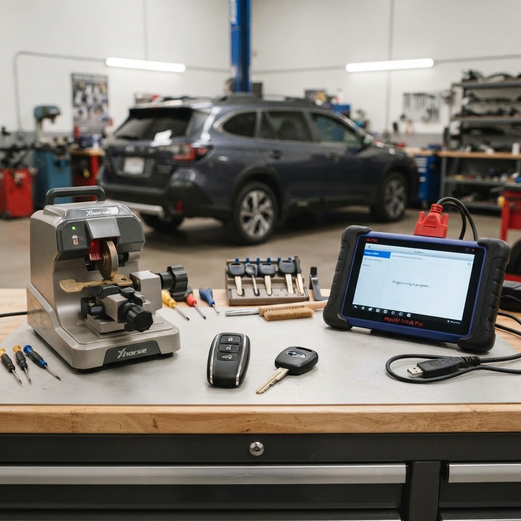 Subaru car key replacement workbench with Subaru key fob, transponder key, electronic key cutting machine, and automotive key programming diagnostic device — Subaru vehicle in background. CT Locksmith Service LLC, New Haven County, CT, licensed CT # LCK.0000220