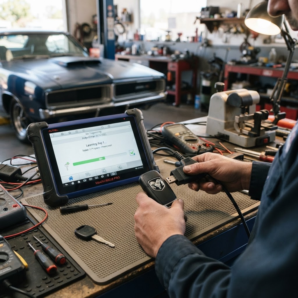Professional Dodge key programming diagnostic device programming a transponder key and smart key fob on-site — CT Locksmith Service LLC mobile locksmith, New Haven County, CT, licensed CT # LCK.0000220