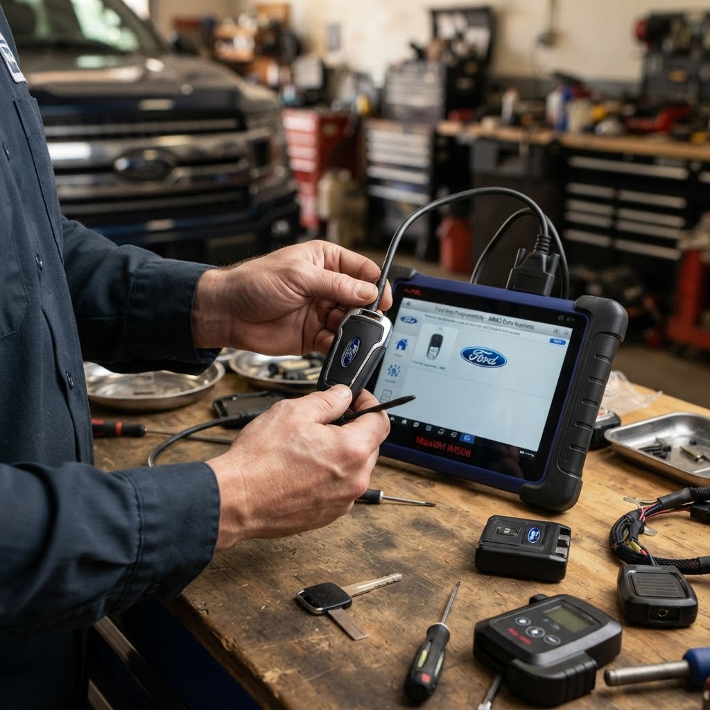 Professional Ford key programming diagnostic device programming a transponder key and smart key fob on-site — CT Locksmith Service LLC mobile locksmith, New Haven County, CT, licensed CT # LCK.0000220