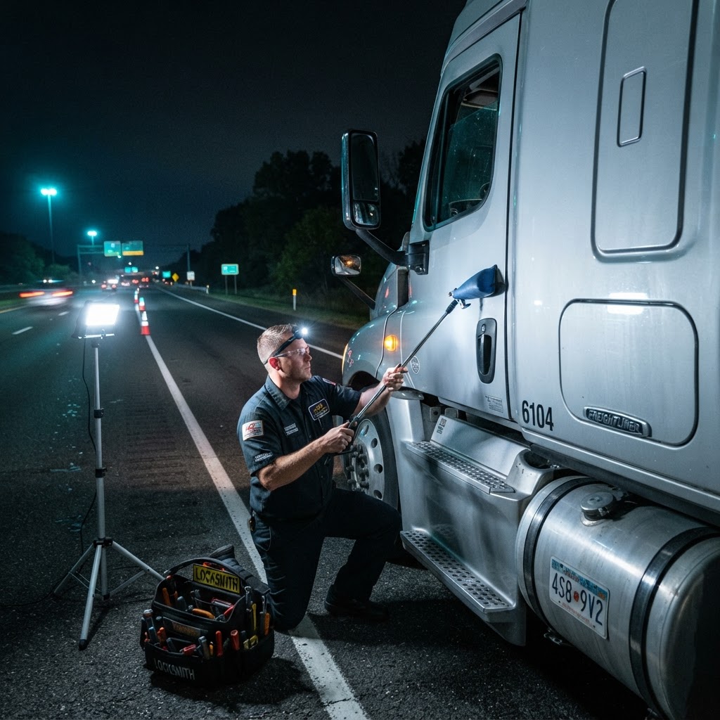 Freightliner Tractor Trailer Emergency Lockout — Cab Door Unlock, Trailer Door Unlock & Kingpin Lock Removal | CT Locksmith Service LLC, New Haven County CT Freightliner tractor trailer emergency lockout service — licensed locksmith unlocking cab door of a Freightliner semi-truck on the roadside with professional lockout tools, New Haven County, CT. CT Locksmith Service LLC, licensed CT # LCK.0000220, 24/7 mobile service.