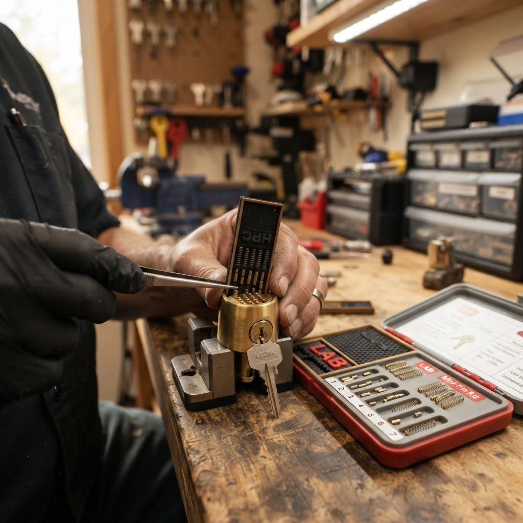 Professional locksmith rekeying a August lock cylinder on a workbench using a pinning kit and follower tool — CT Locksmith Service LLC mobile locksmith, New Haven County, CT, licensed CT # LCK.0000220