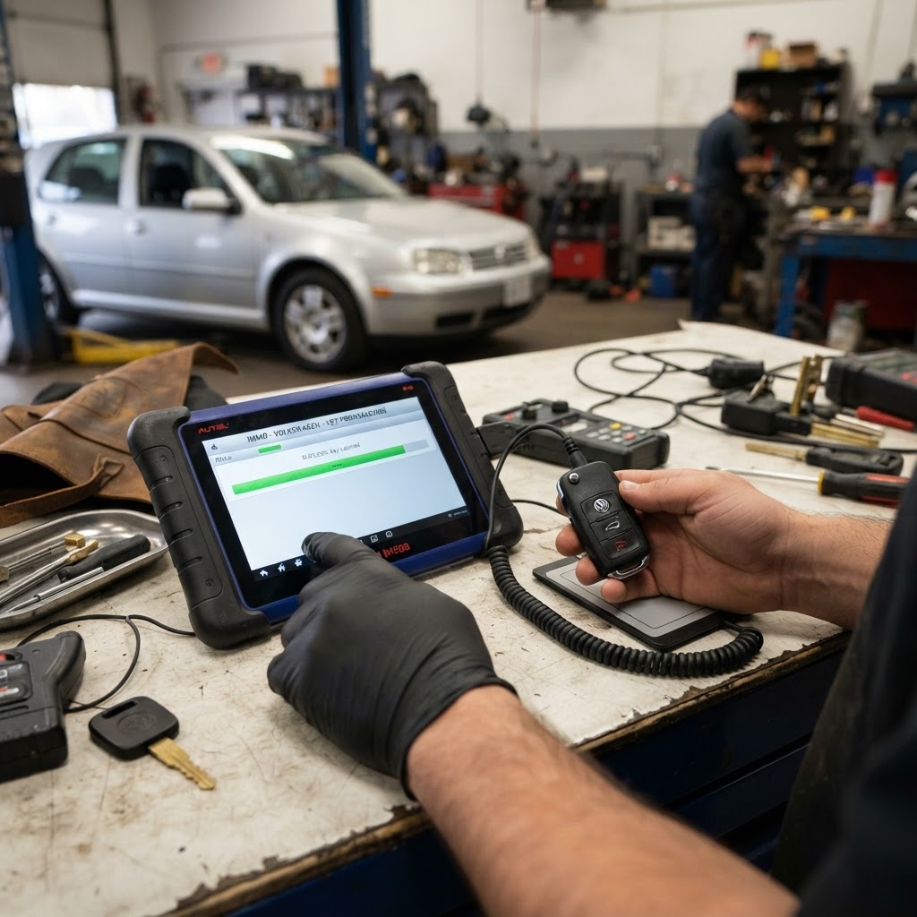 Volkswagen Key Programming On-Site — Transponder & Smart Key Fob Programming | CT Locksmith Service LLC, New Haven County CT Professional Volkswagen key programming diagnostic device programming a transponder key and smart key fob on-site — CT Locksmith Service LLC mobile locksmith, New Haven County, CT, licensed CT # LCK.0000220