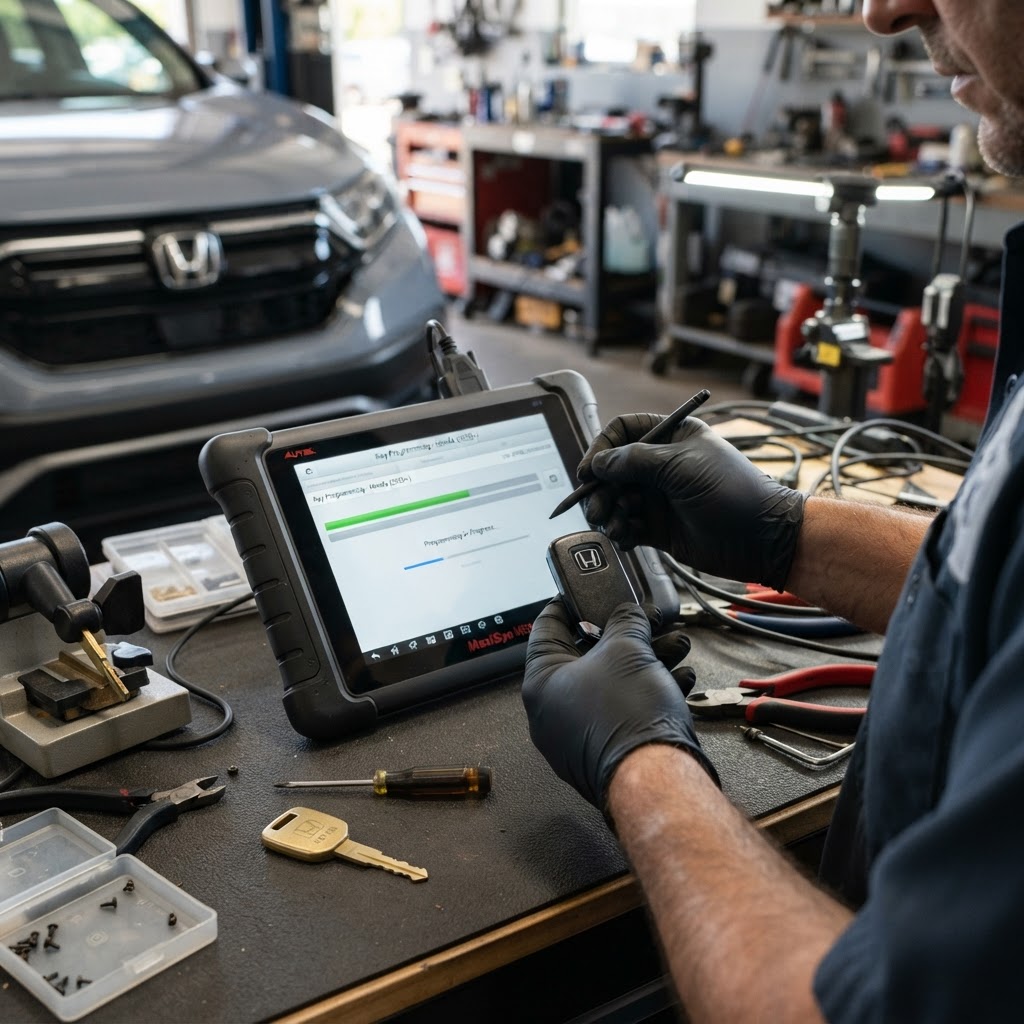 Professional Honda key programming diagnostic device programming a transponder key and smart key fob on-site — CT Locksmith Service LLC mobile locksmith, New Haven County, CT, licensed CT # LCK.0000220