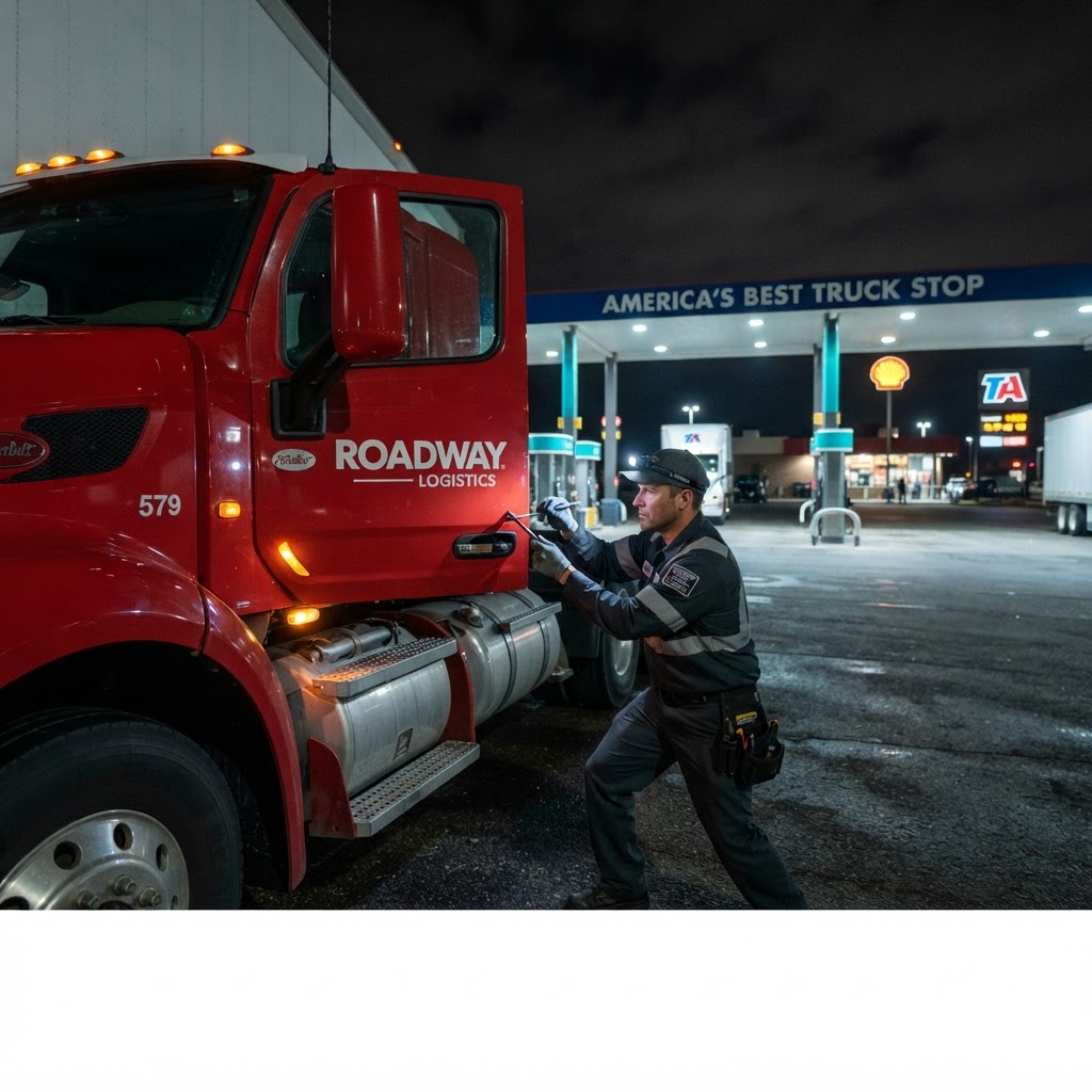 Peterbilt tractor trailer emergency lockout service — licensed locksmith unlocking cab door of a Peterbilt semi-truck on the roadside with professional lockout tools, New Haven County, CT. CT Locksmith Service LLC, licensed CT # LCK.0000220, 24/7 mobile service.