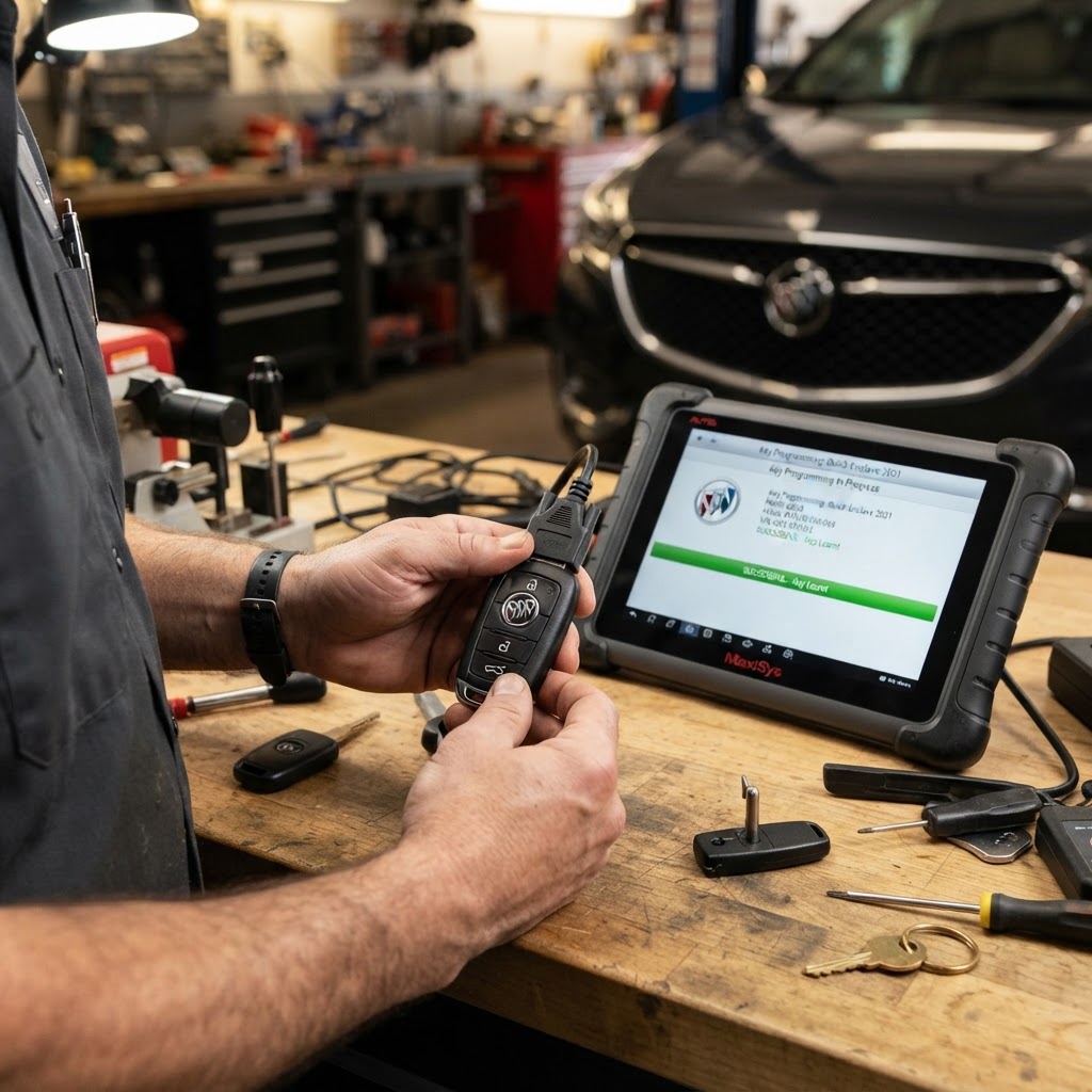 Professional Buick key programming diagnostic device programming a transponder key and smart key fob on-site — CT Locksmith Service LLC mobile locksmith, New Haven County, CT, licensed CT # LCK.0000220