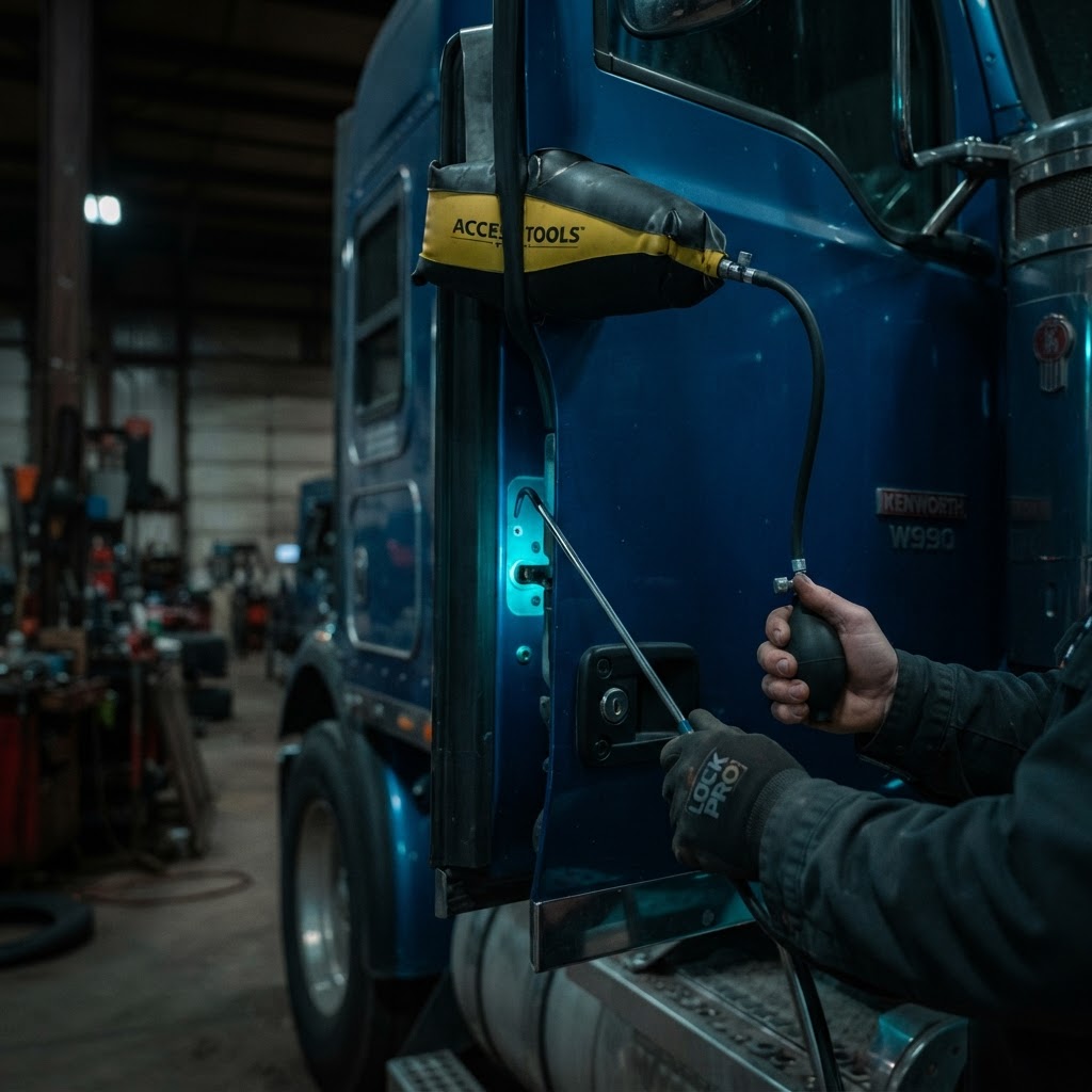 Professional Kenworth tractor trailer emergency lockout — licensed locksmith using professional lockout tools to unlock the cab door of a Kenworth semi-truck on the roadside in New Haven County, CT. CT Locksmith Service LLC, licensed CT # LCK.0000220, 24/7 mobile roadside service.