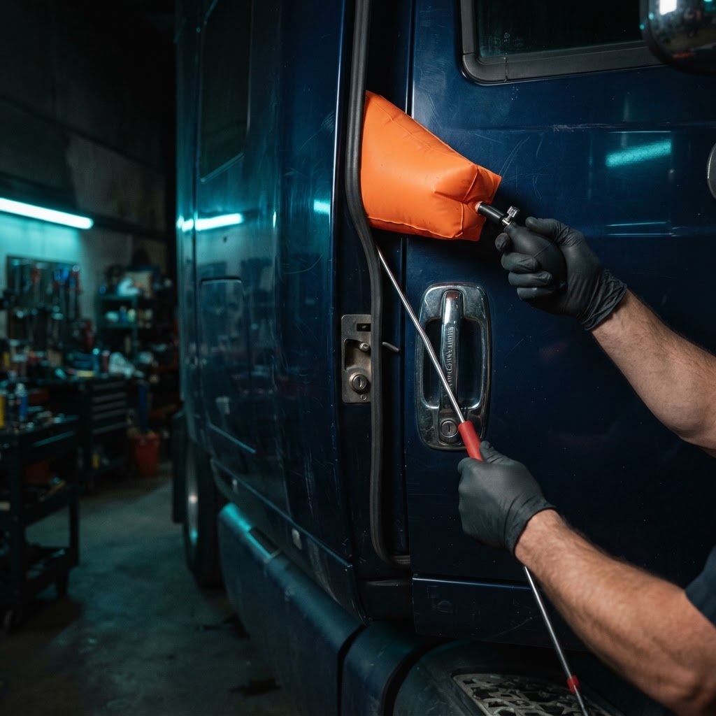 Professional International tractor trailer emergency lockout — licensed locksmith using professional lockout tools to unlock the cab door of a International semi-truck on the roadside in New Haven County, CT. CT Locksmith Service LLC, licensed CT # LCK.0000220, 24/7 mobile roadside service.