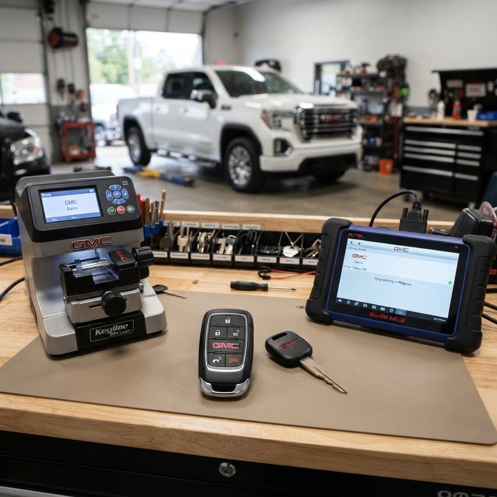 GMC car key replacement workbench with GMC key fob, transponder key, electronic key cutting machine, and automotive key programming diagnostic device — GMC vehicle in background. CT Locksmith Service LLC, New Haven County, CT, licensed CT # LCK.0000220