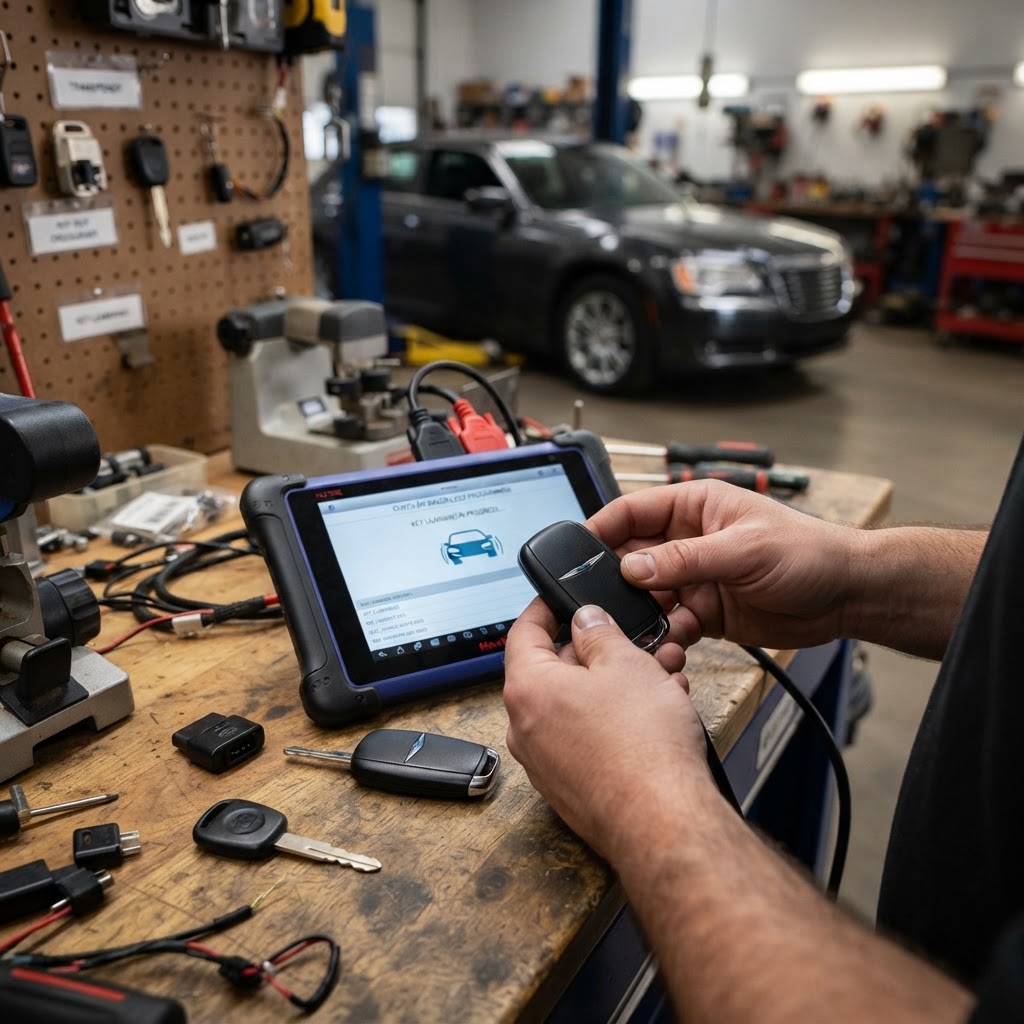 Professional Chrysler key programming diagnostic device programming a transponder key and smart key fob on-site — CT Locksmith Service LLC mobile locksmith, New Haven County, CT, licensed CT # LCK.0000220