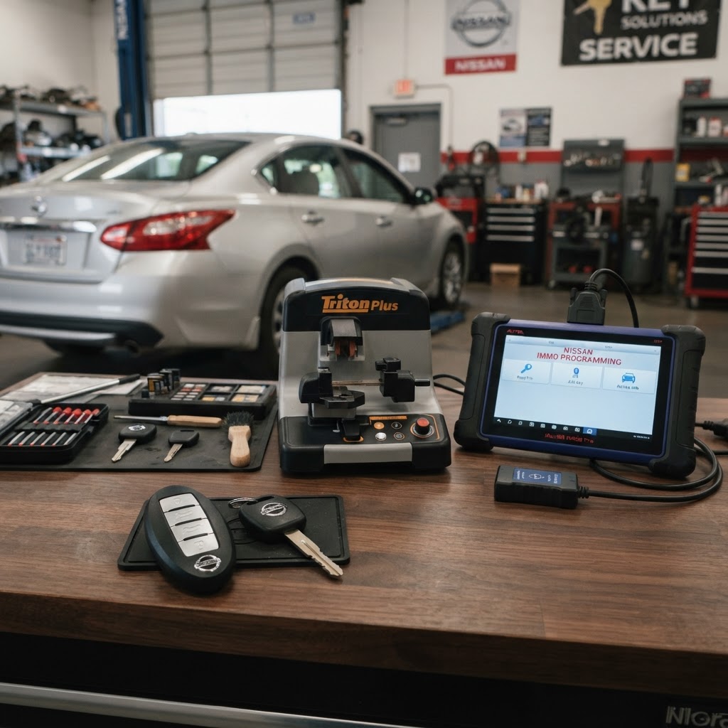 Nissan car key replacement workbench with Nissan key fob, transponder key, electronic key cutting machine, and automotive key programming diagnostic device — Nissan vehicle in background. CT Locksmith Service LLC, New Haven County, CT, licensed CT # LCK.0000220