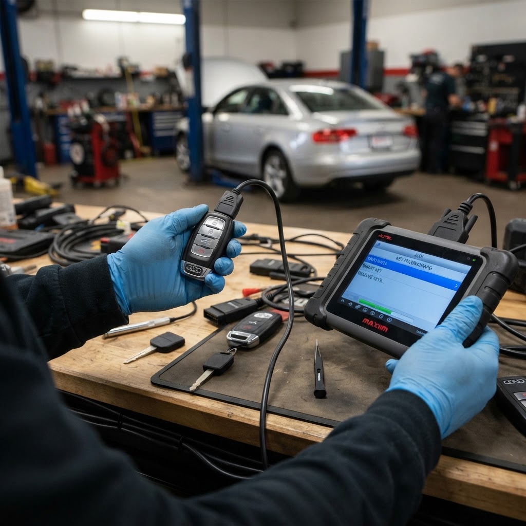 Professional Audi key programming diagnostic device programming a transponder key and smart key fob on-site — CT Locksmith Service LLC mobile locksmith, New Haven County, CT, licensed CT # LCK.0000220