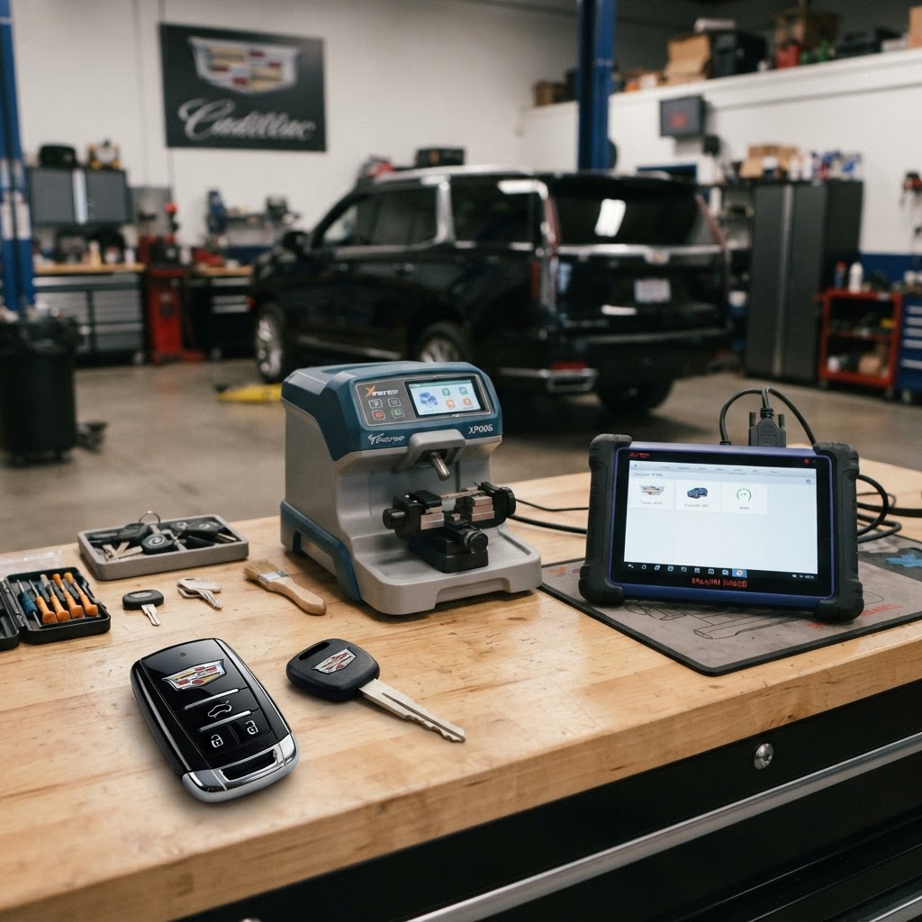 Cadillac car key replacement workbench with Cadillac key fob, transponder key, electronic key cutting machine, and automotive key programming diagnostic device — Cadillac vehicle in background. CT Locksmith Service LLC, New Haven County, CT, licensed CT # LCK.0000220