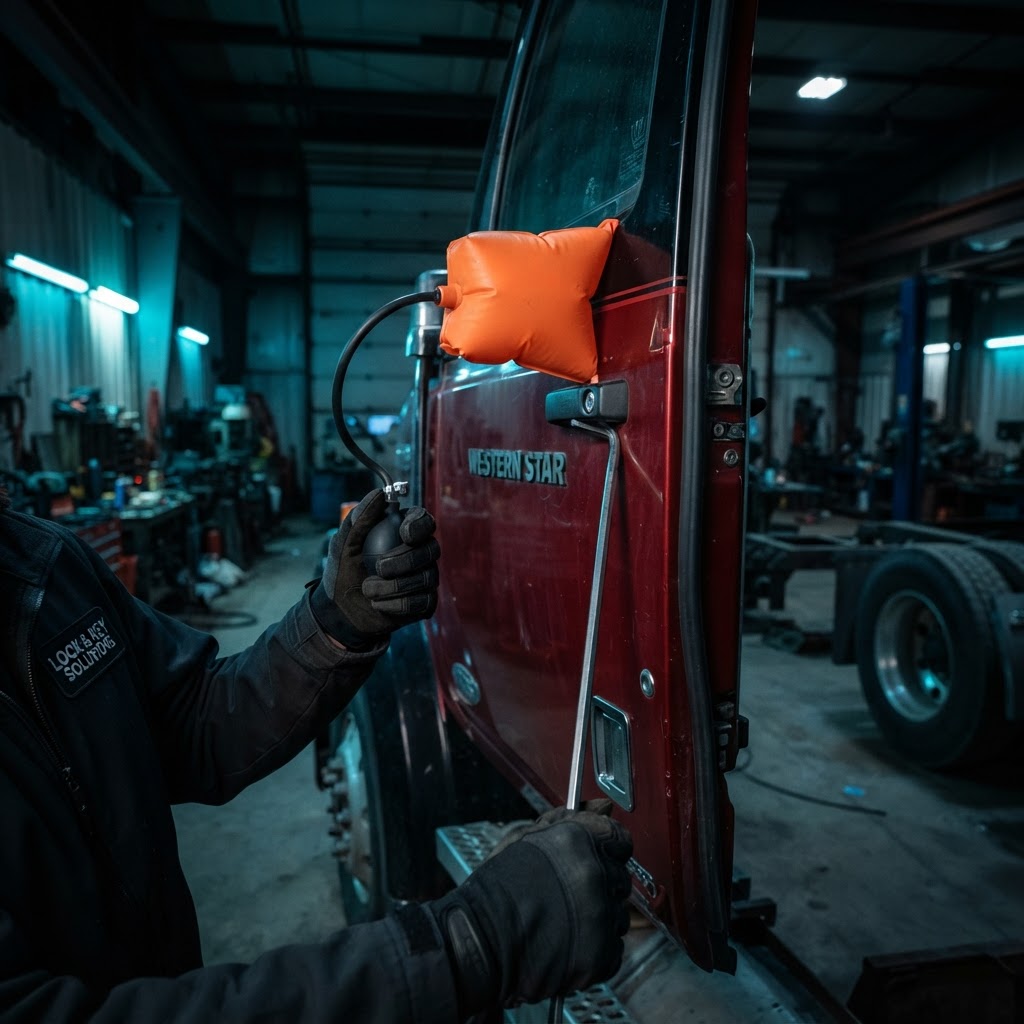 Professional Western Star tractor trailer emergency lockout — licensed locksmith using professional lockout tools to unlock the cab door of a Western Star semi-truck on the roadside in New Haven County, CT. CT Locksmith Service LLC, licensed CT # LCK.0000220, 24/7 mobile roadside service.
